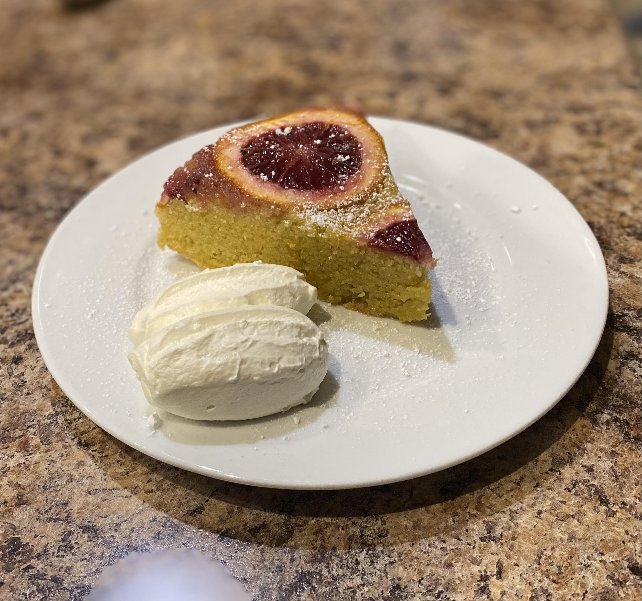 [homemade] Blood Orange Olive Oil Cake with Gran Marnier Crème Fraiche Whipped Cream r/food