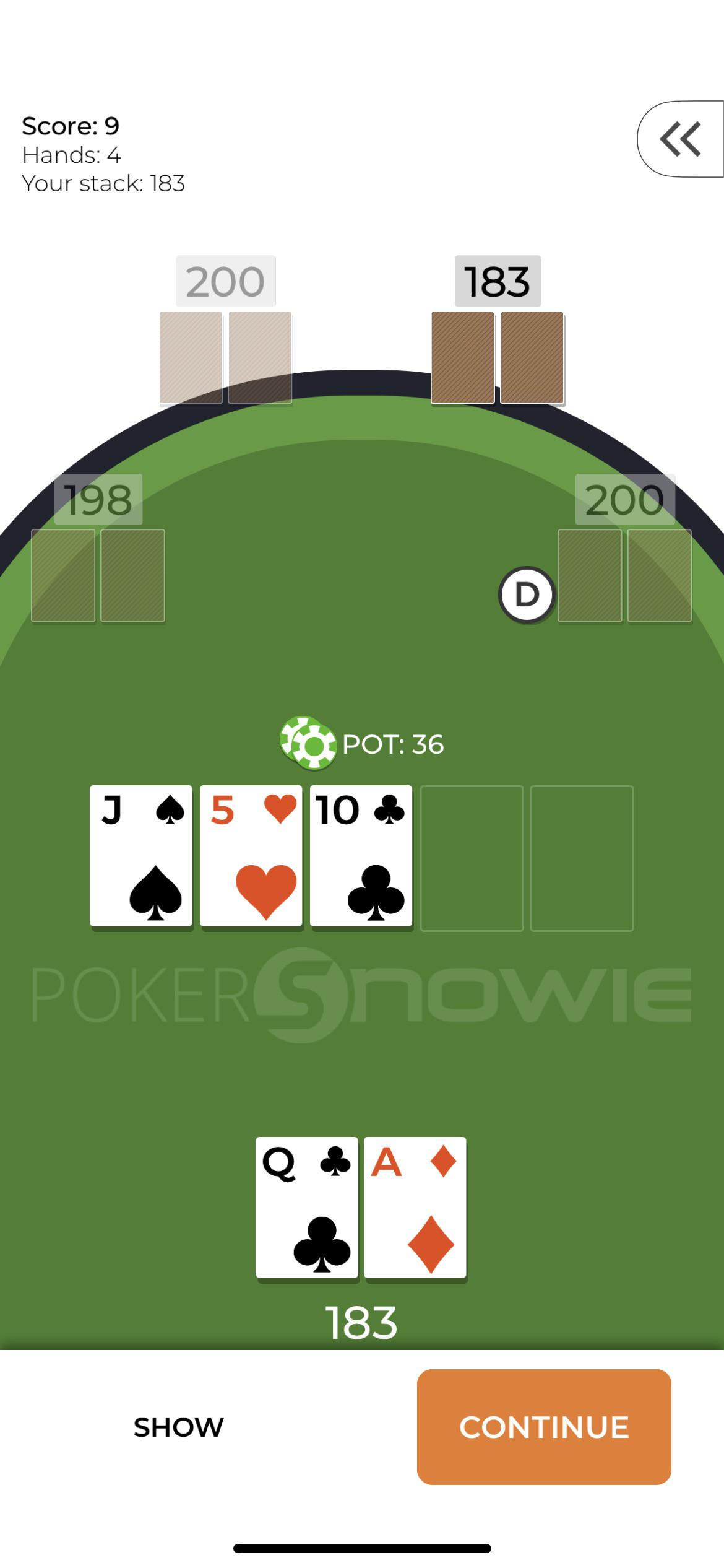 PokerSnowie. Apparently I was supposed to donk a pot sized bet into
