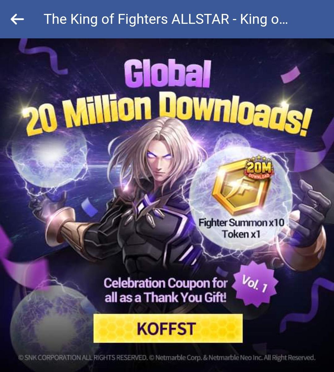 1st coupon code for global 20 million download celebration (tbd for 2nd