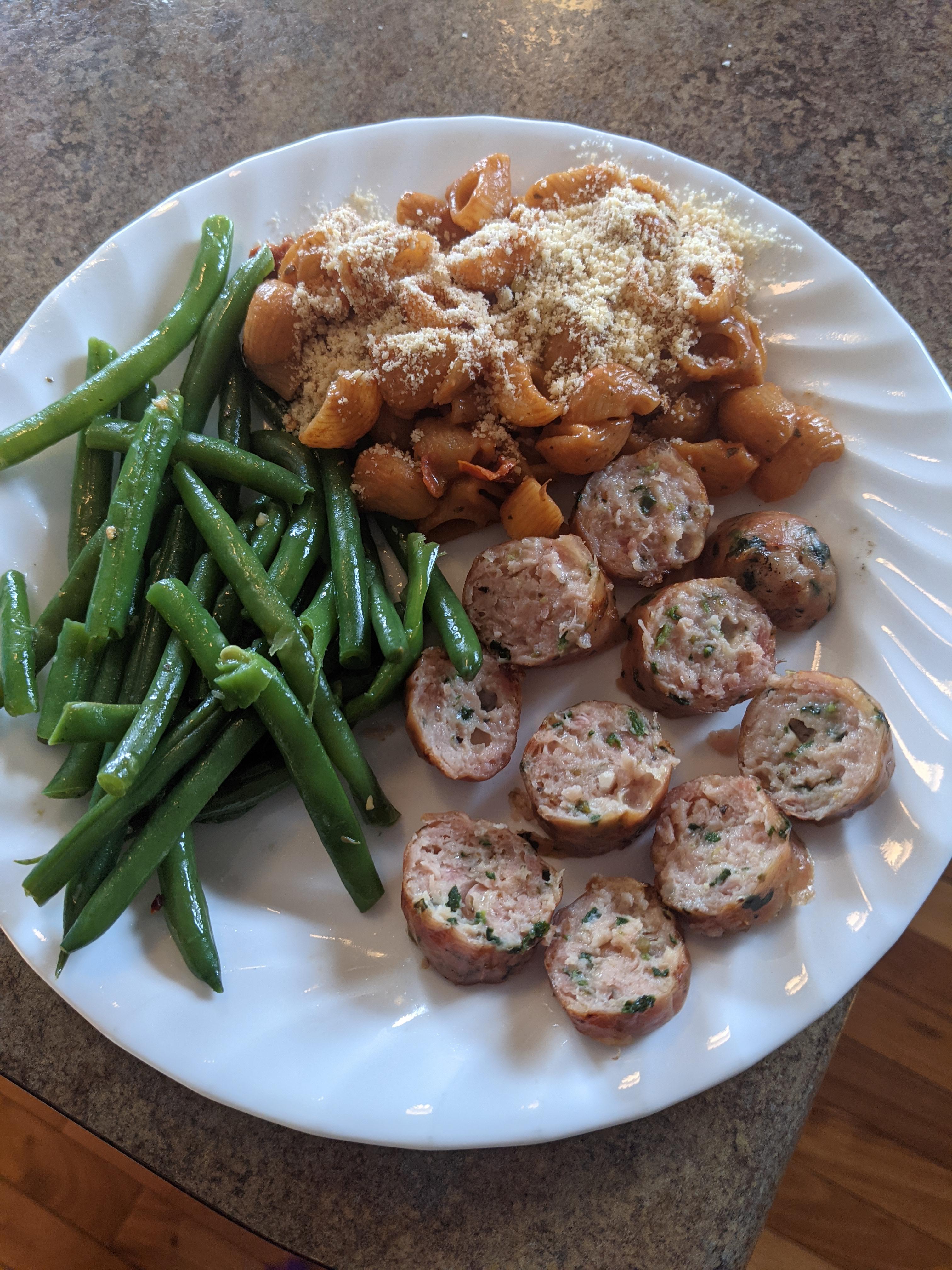 Delicious dinner from Aldi. Spinach/feta chicken sausages, serrento