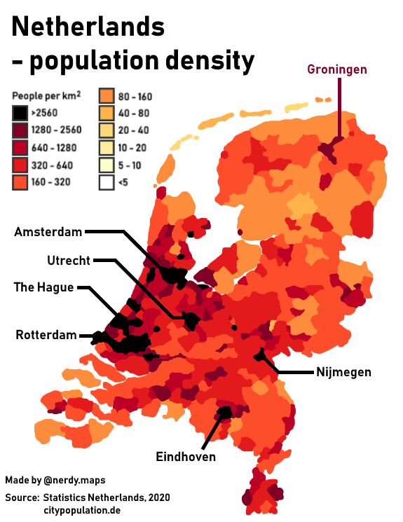 Kaart Bevolkingsdichtheid Nederland [OC] Population density in the Netherlands by municipality MapPorn