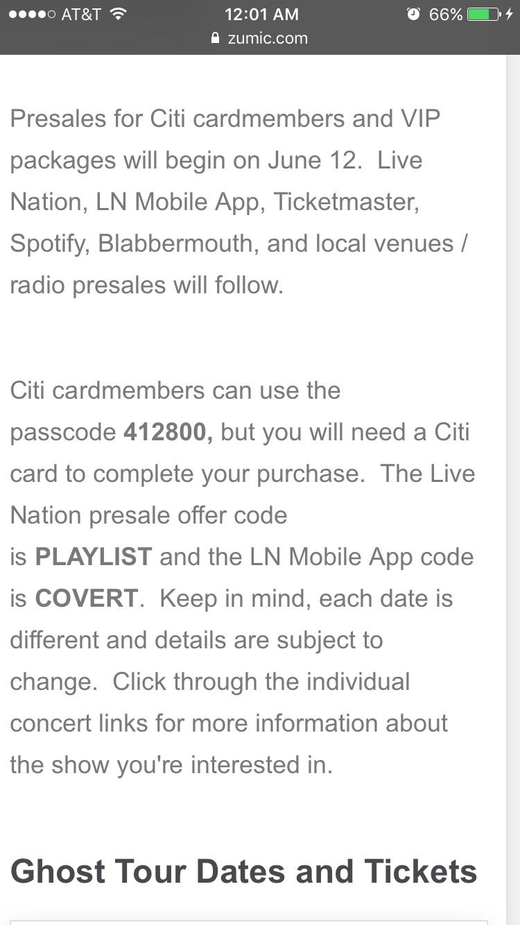 More presale codes Citi and Live Nation Ghostbc