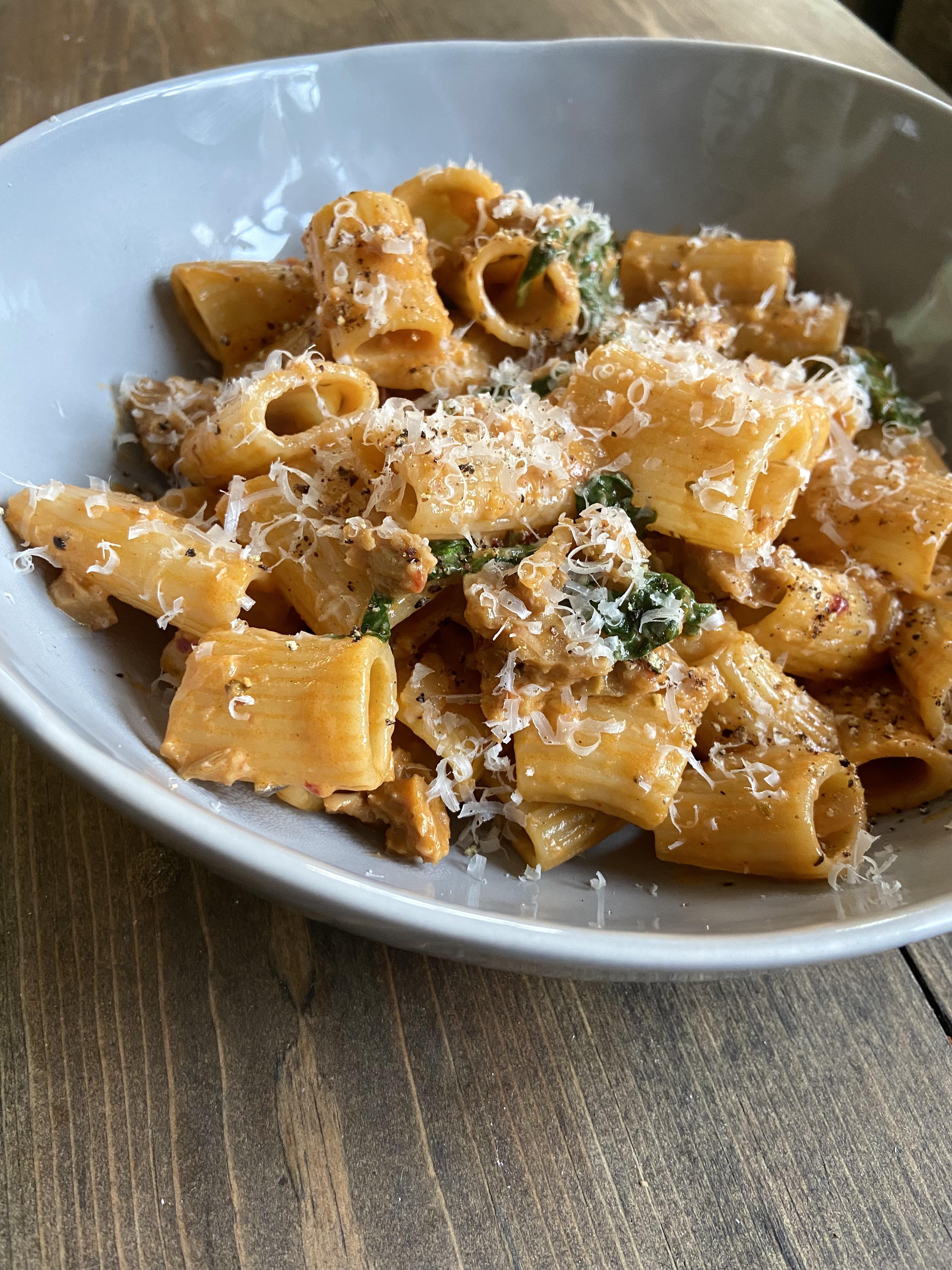Creamy italian sausage pasta with spinach r/vegetarian