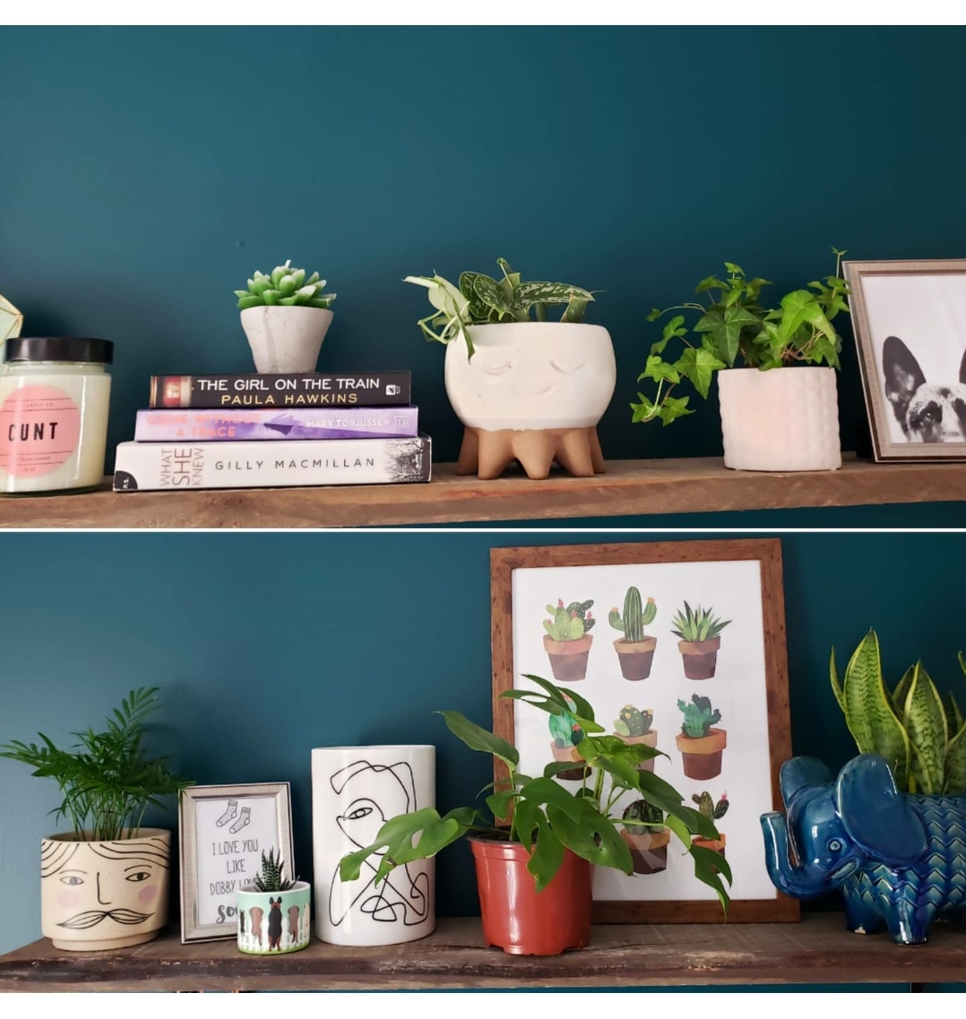 Shelfie time. Put a 8ft shelf over our bed during our bedroom makeover