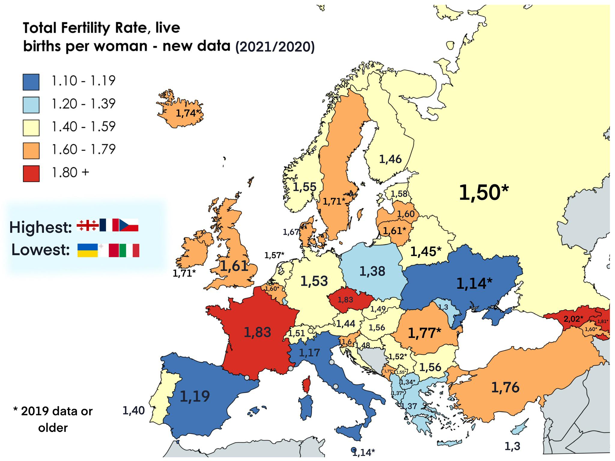 Fertility across Europe r/MapPorn