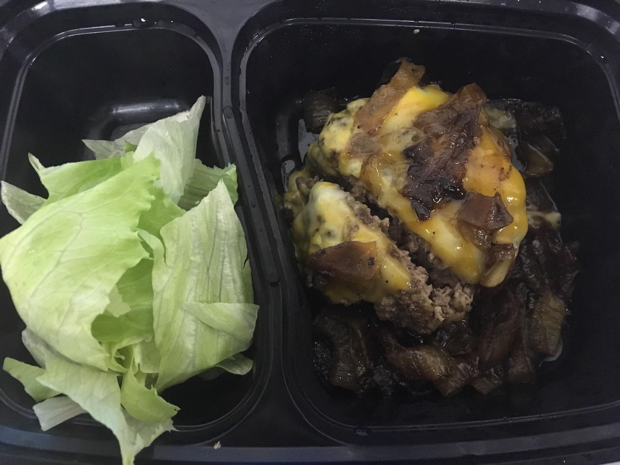 Burger bowl ground beef, Colby jack cheese, caramelized onions, and