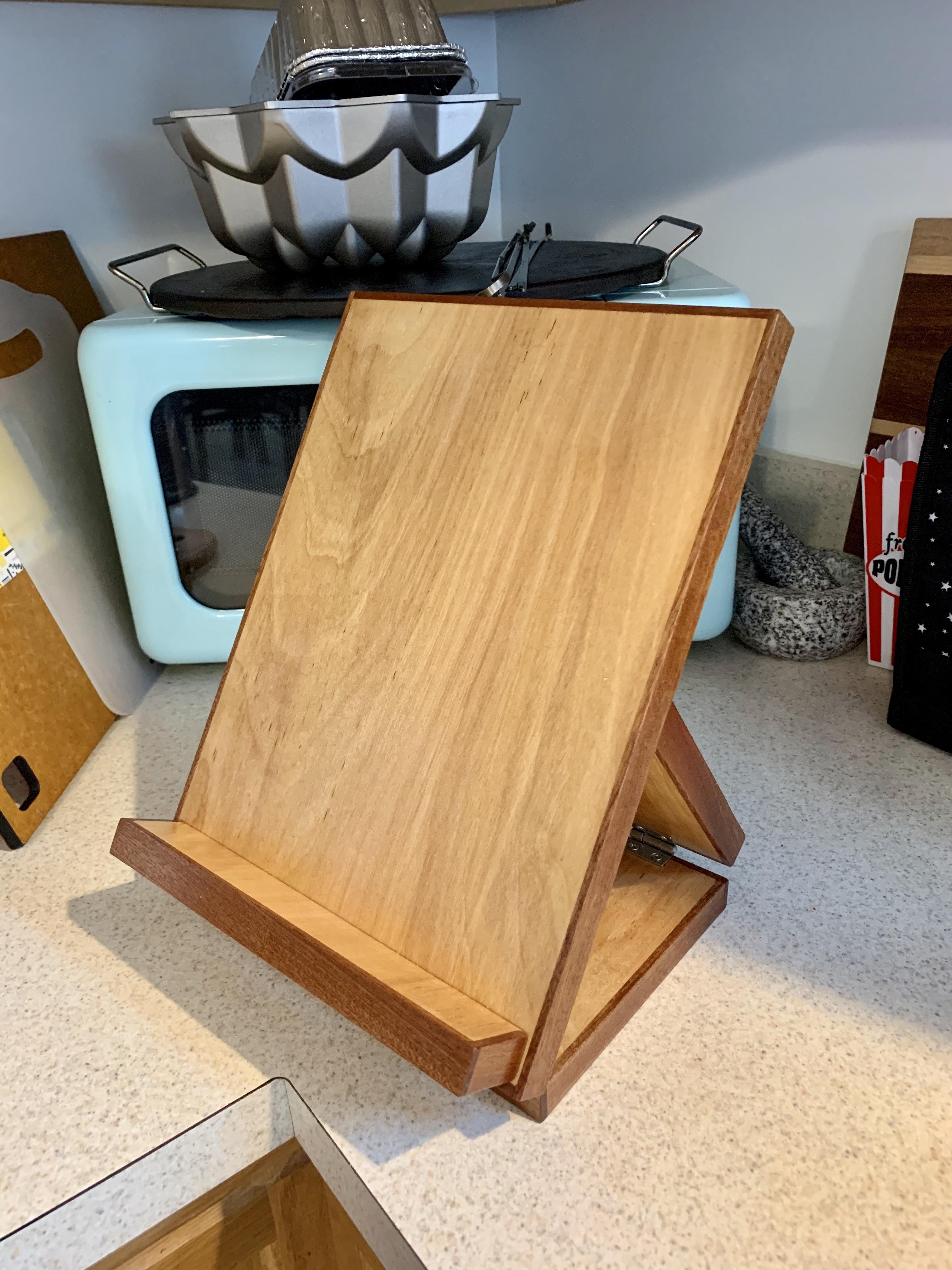Folding cookbook stand for the wife’s cooking binder. It’s made from