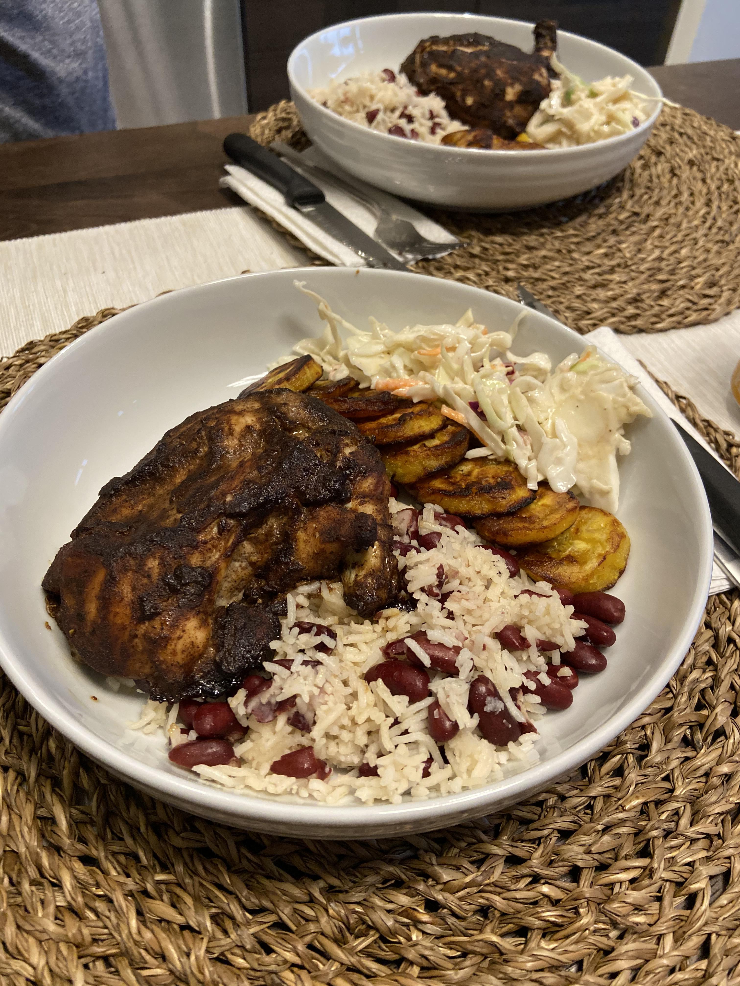 [Homemade] Jerk chicken, rice and peas, fried plantain, and coleslaw