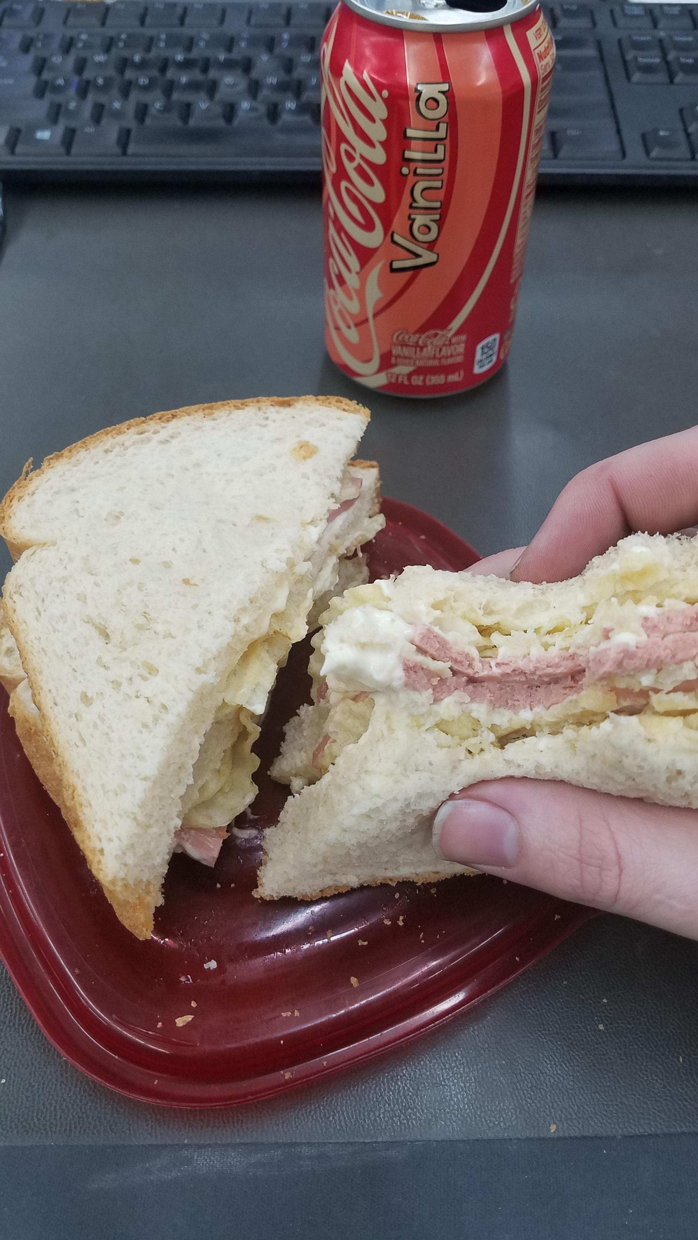 Double Decker Bologna Sandwich w/ Chips and a Vanilla Coke. Good Work