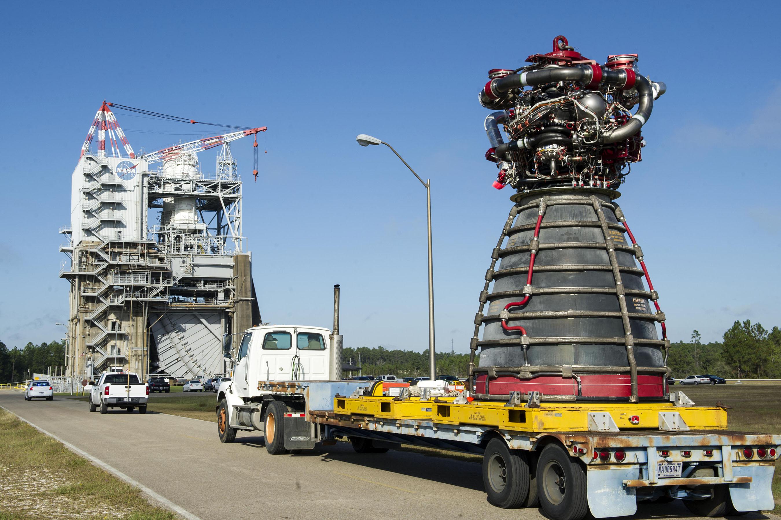 NASA RS-25 rocket engine designed for the SLS rocket being transported