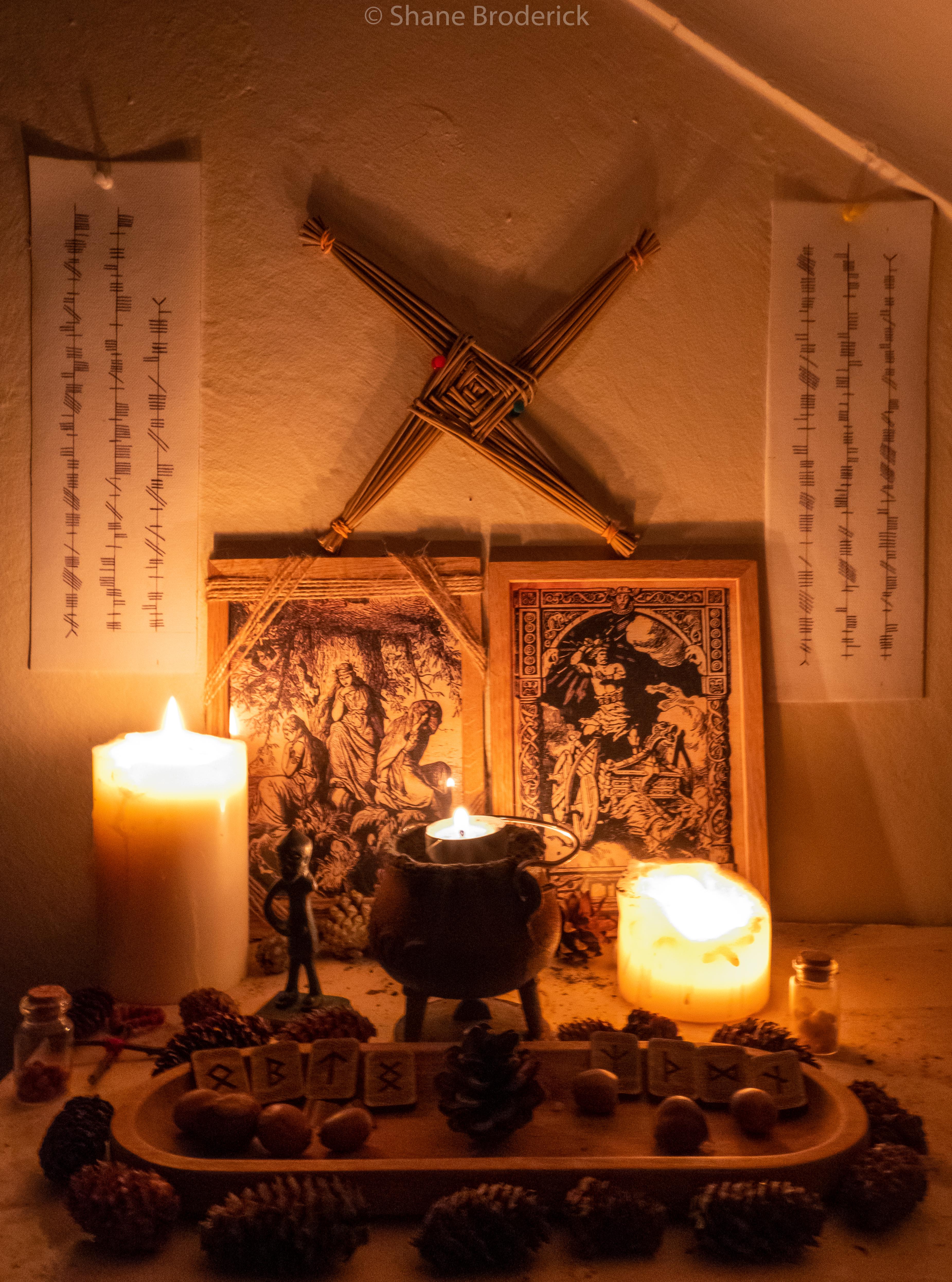 My Altar. Mixed Norse (Statue of Odin, Images of Thor and the Norns