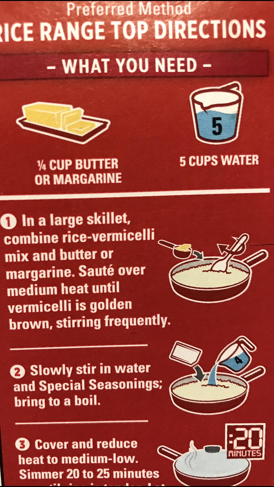 Rice A Roni directions lists 5 cups of water needed while picturing 4