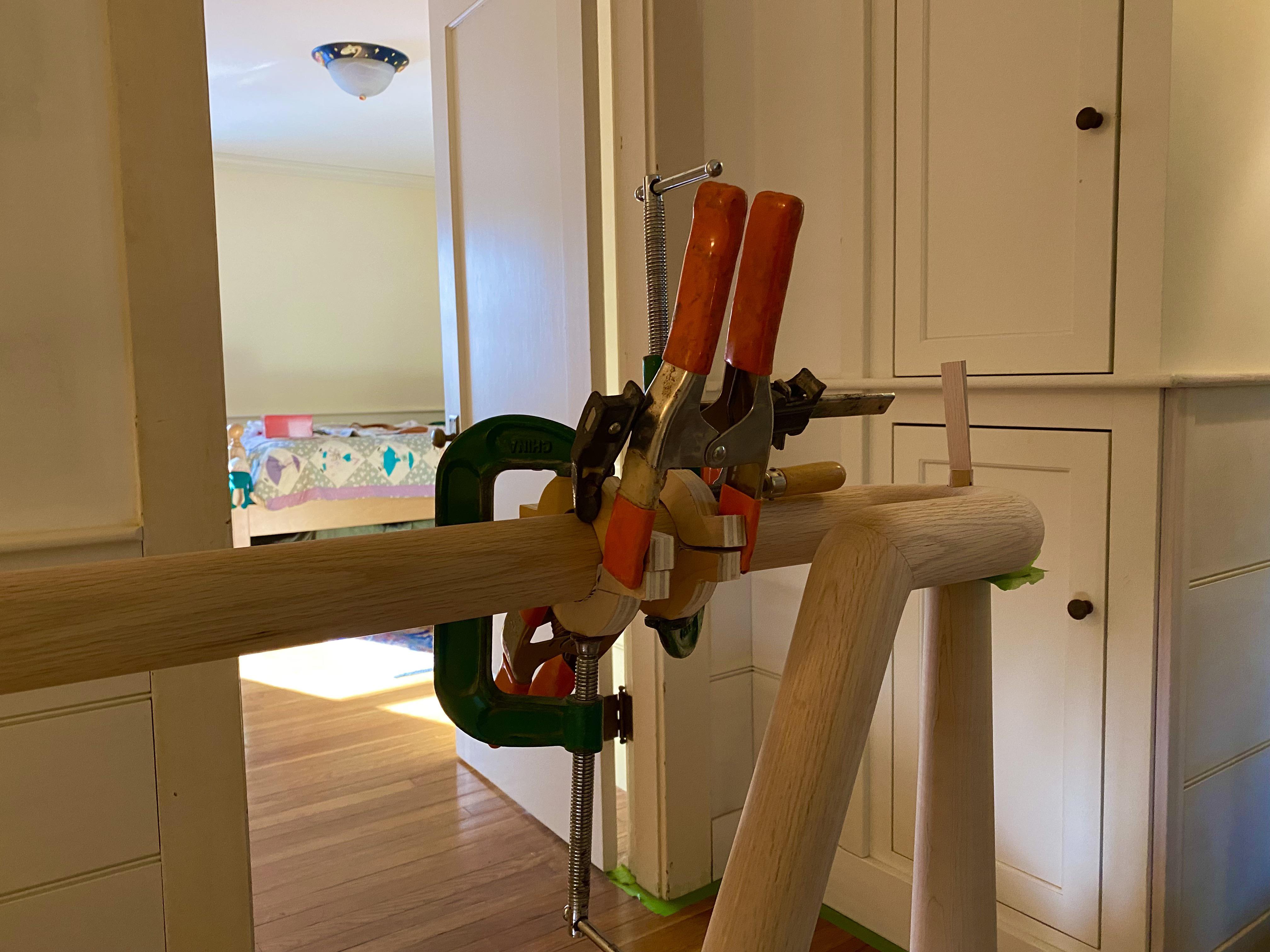 Joining sections of round handrail with dowels and Titebond. r