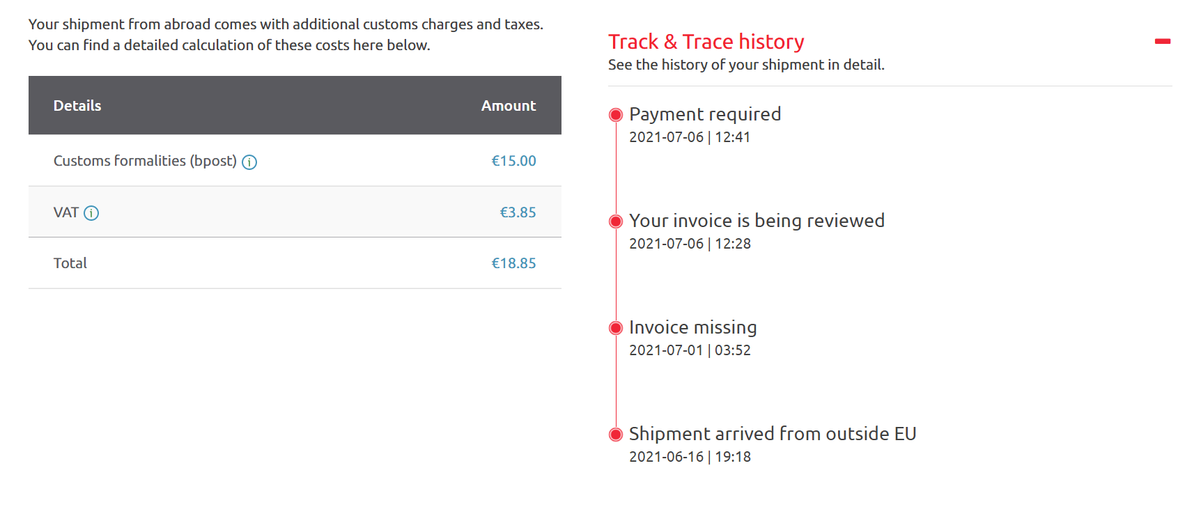 Bpost customs. Value €8,42. Was in Belgium 2 weeks before the new