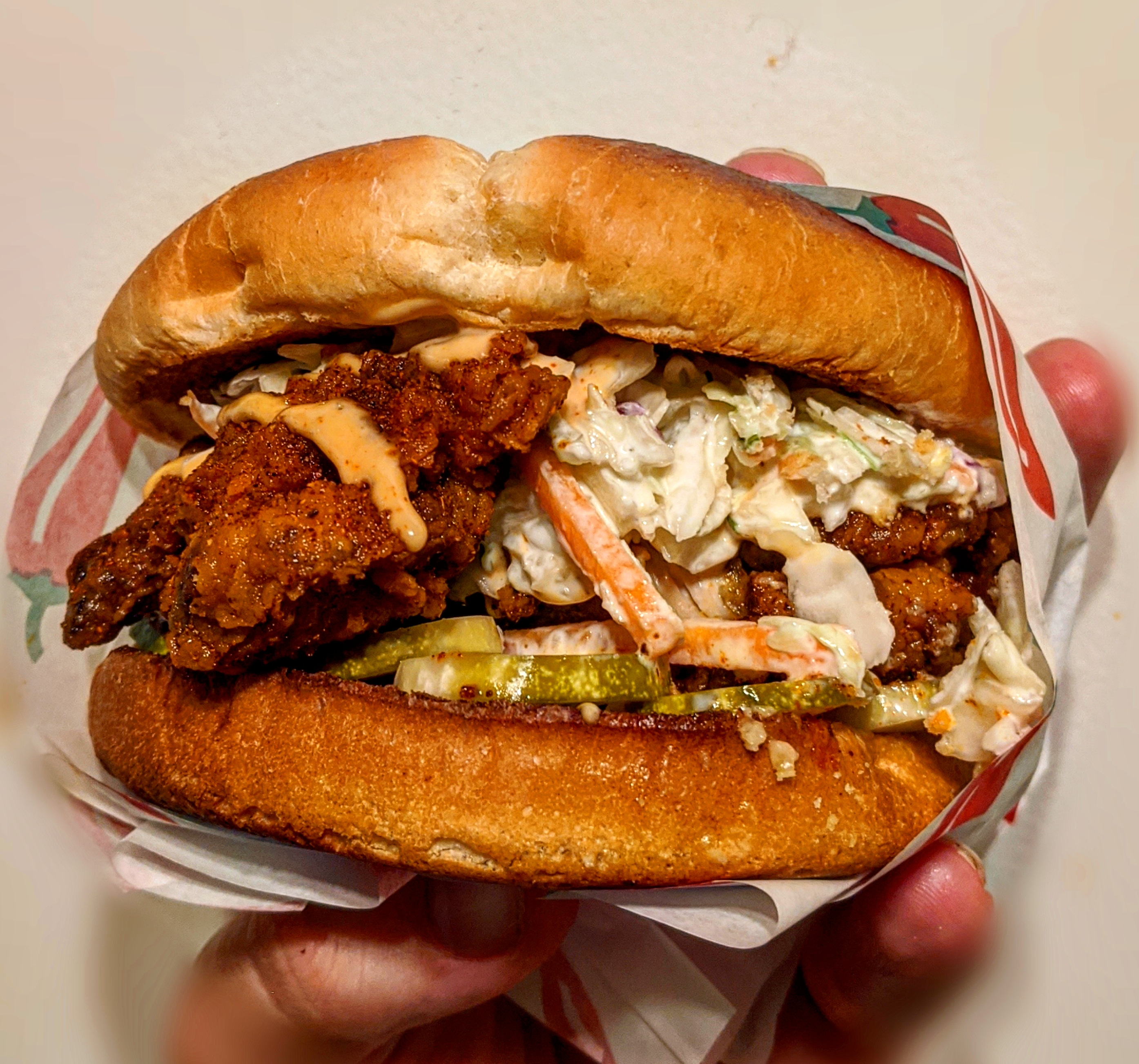 Homemade Nashville hot chicken sandwich. Mayo based sauce, buttermilk