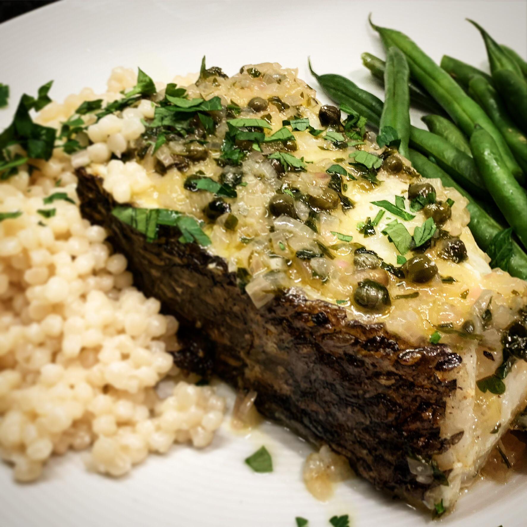 Sous vide Chilean sea bass, 118 f 40 min, seared with lemons and