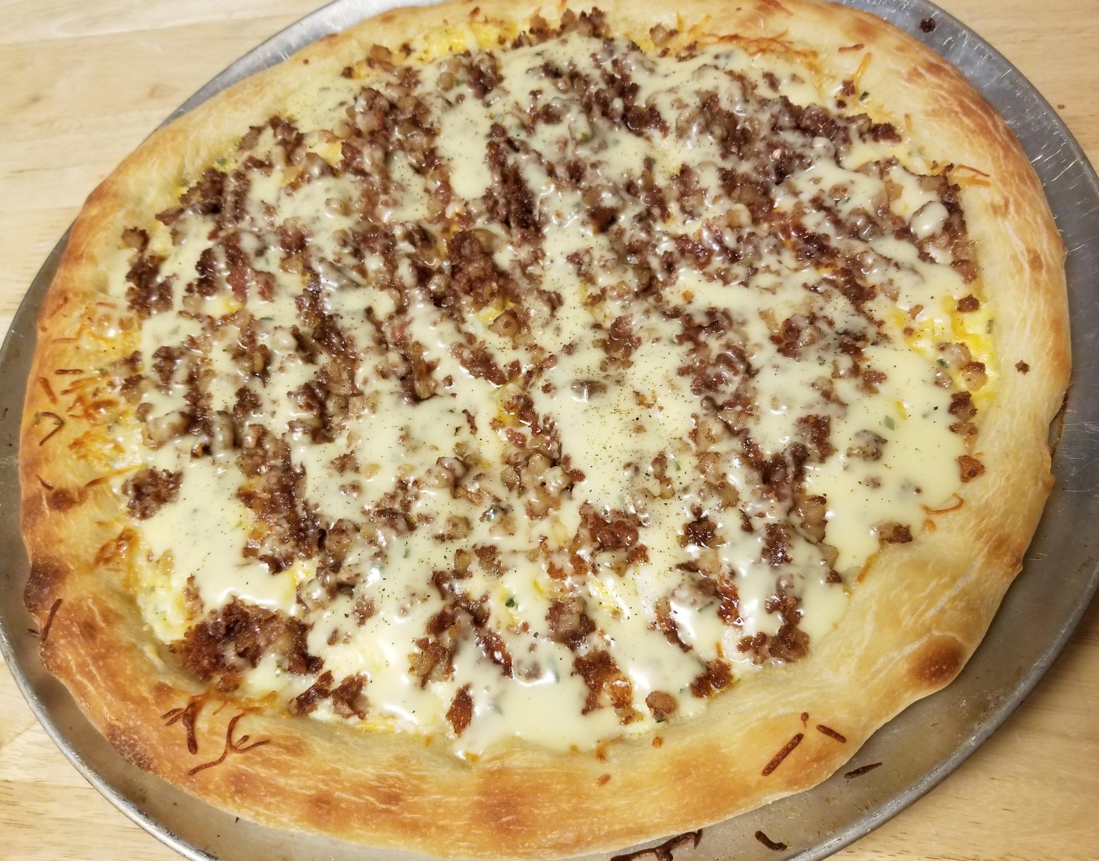 Breakfast Pizza with Corned Beef Hash and Hollandiase Sauce r/Breakfast