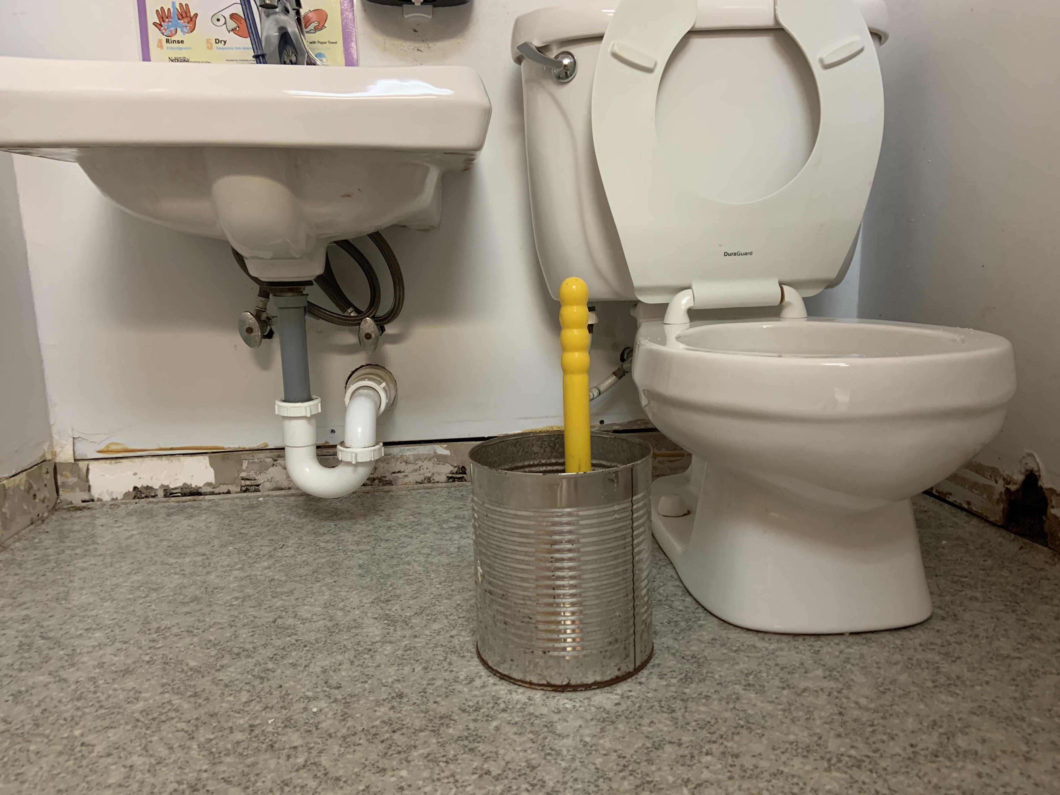 Here is a tiny bathroom in a preschool. Gallon bucket for scale r/pics