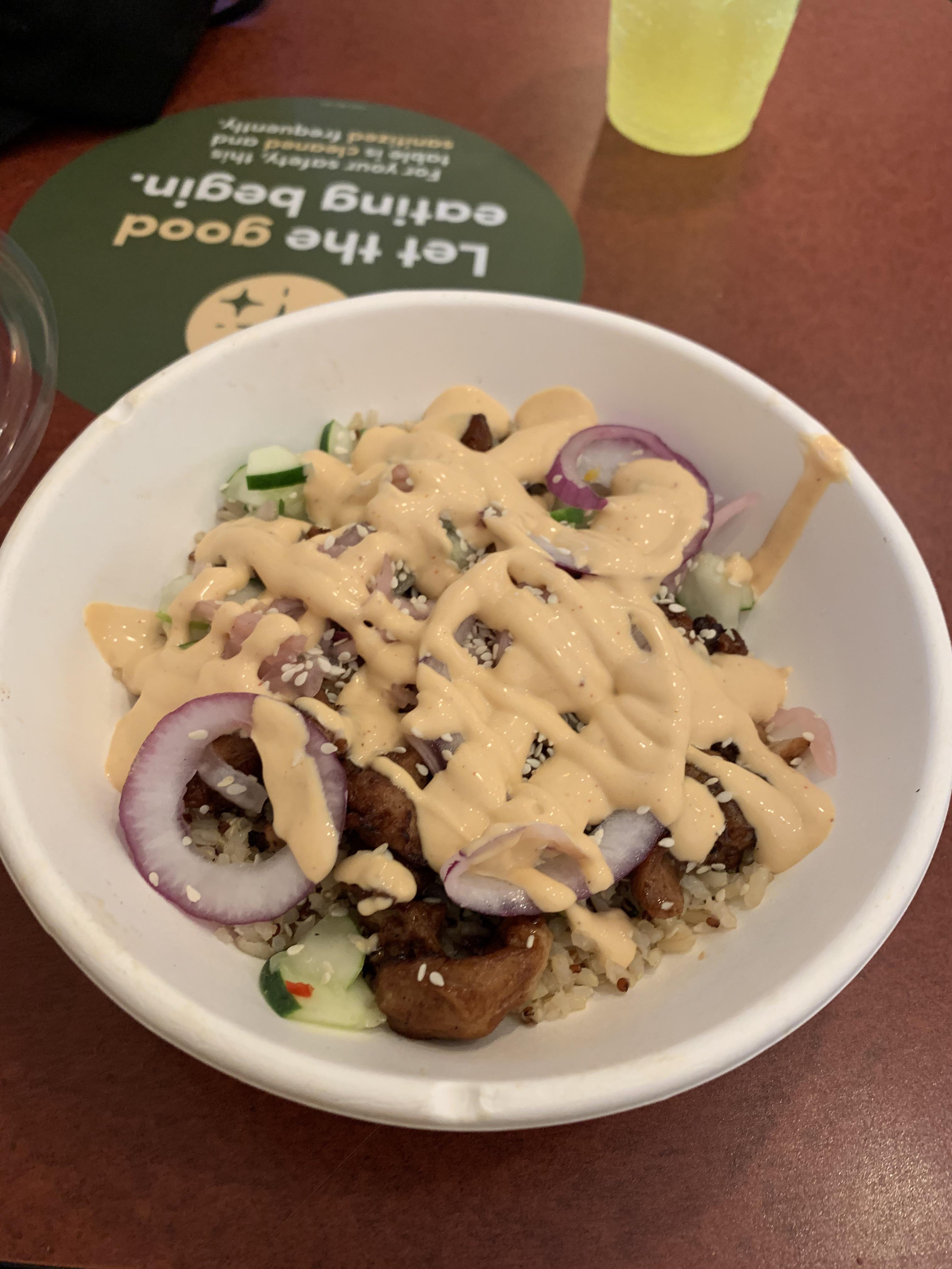 I invented this I call it the teriyaki chicken bowl It goes on a heated bed of rice quino blend