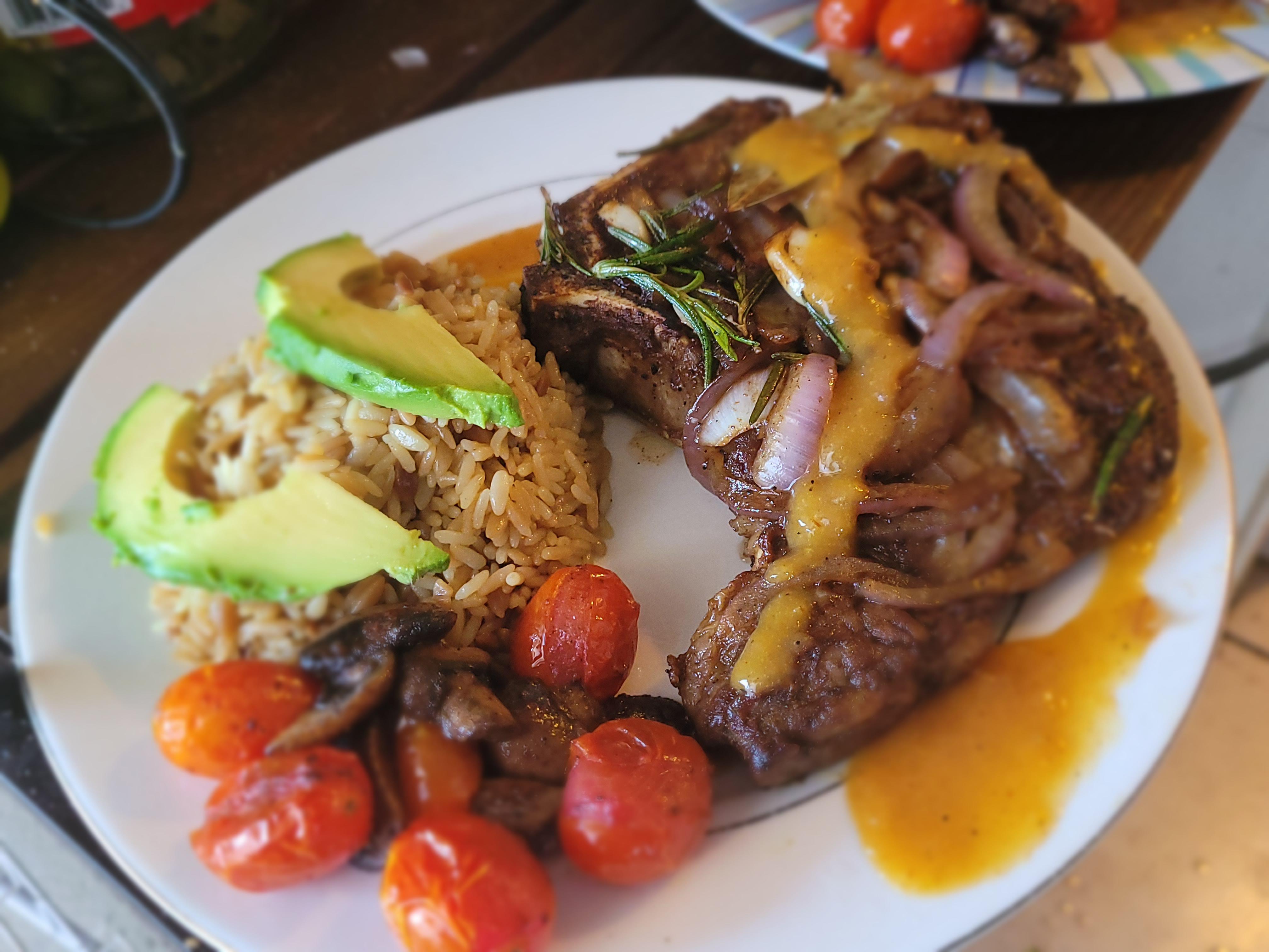 Pan seared steak, butter basted with onion, garlic and rosemary, served