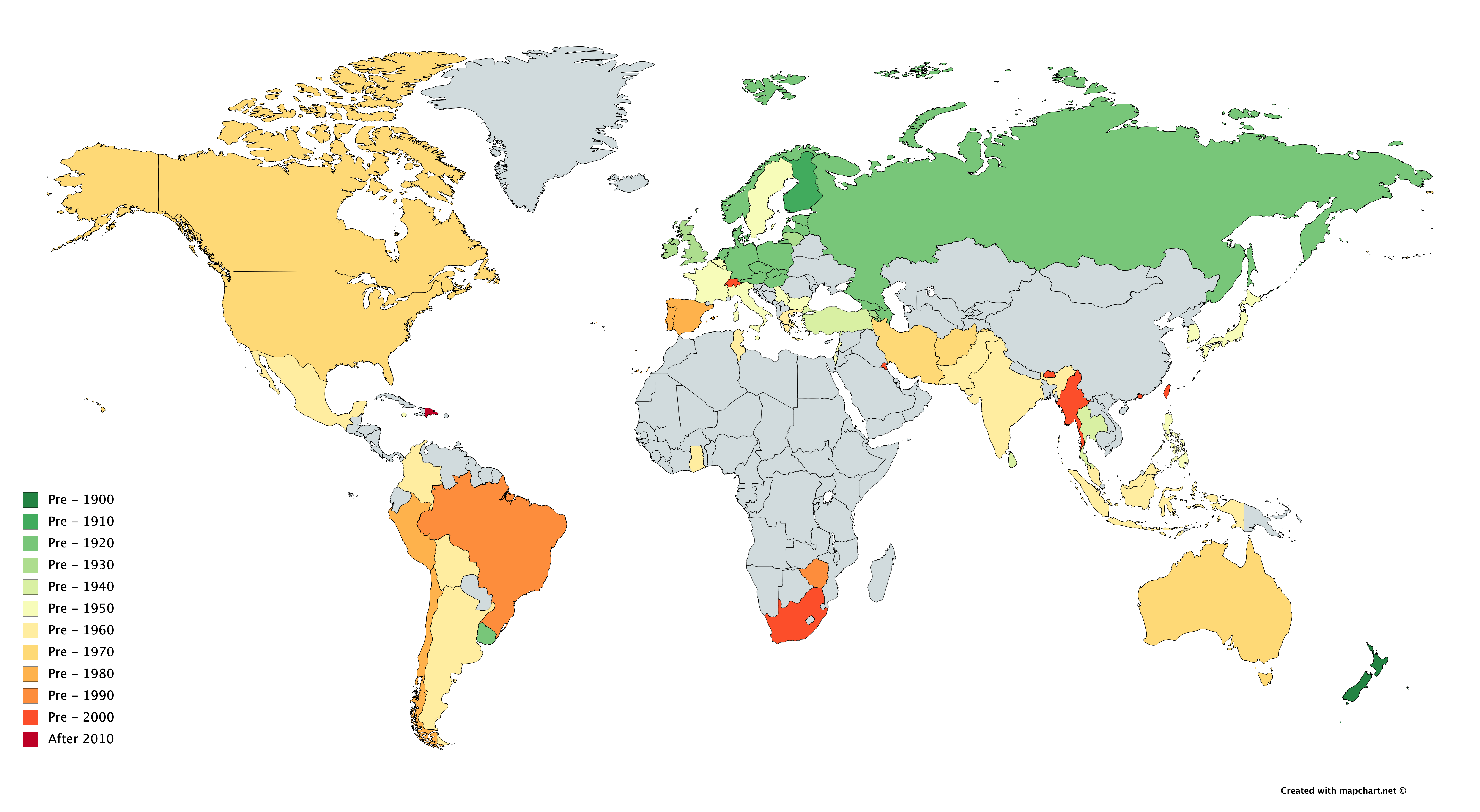 Map of when universal suffrage was achieved (where universal suffrage