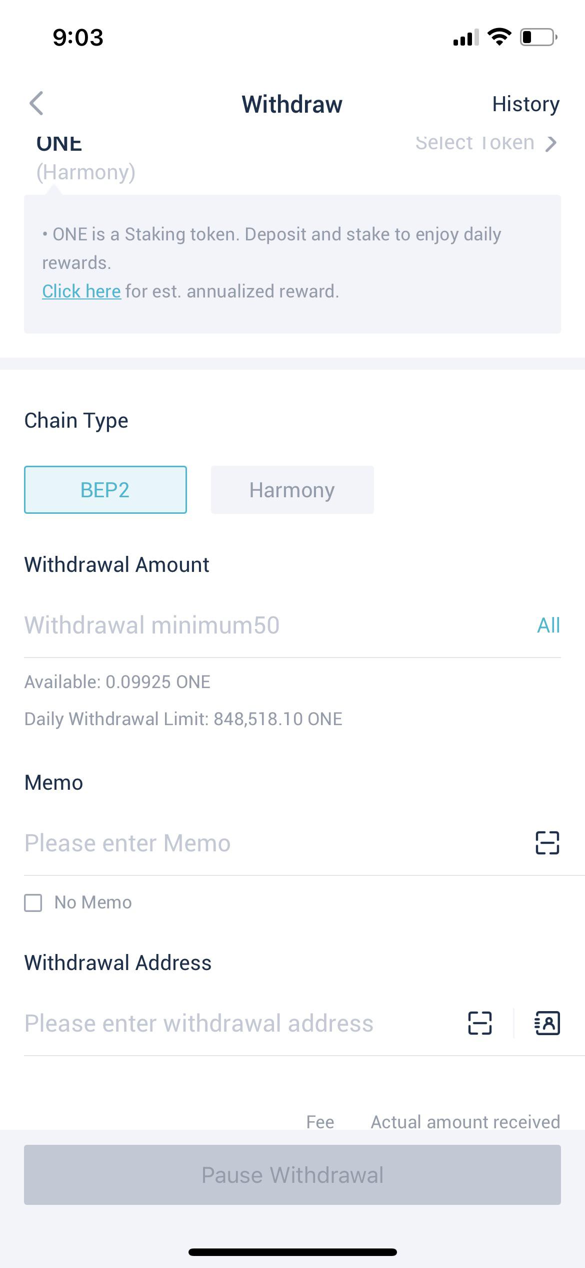 While transferring my One from my exchange app AscendEX, I chose the