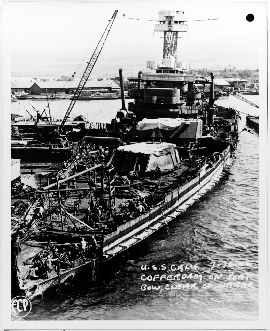 [1045 x 1280] USS California (BB44) being salvged after being sunk
