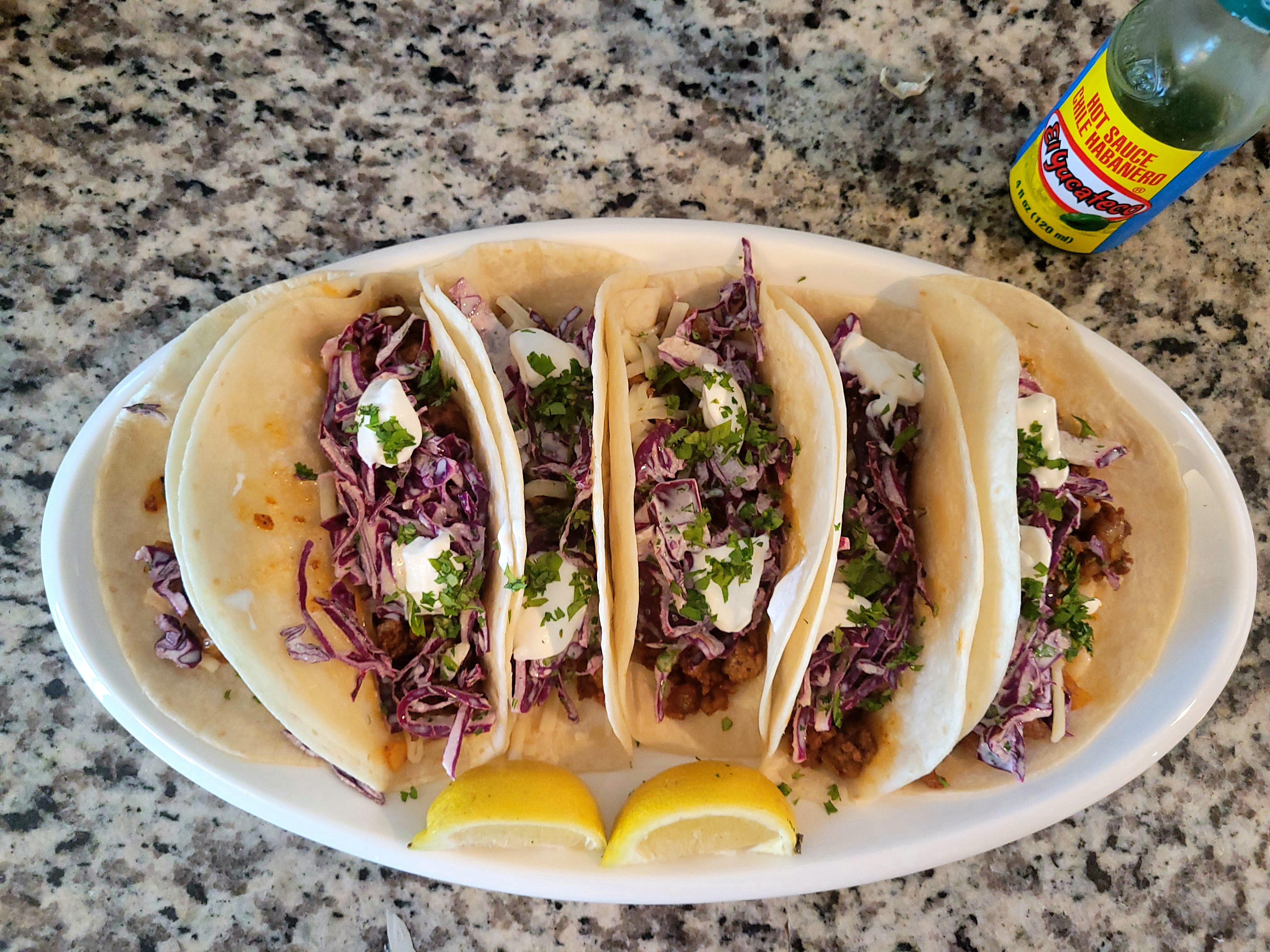 Hello Fresh Pork Tacos with cabbage slaw, sour cream, parsley and our