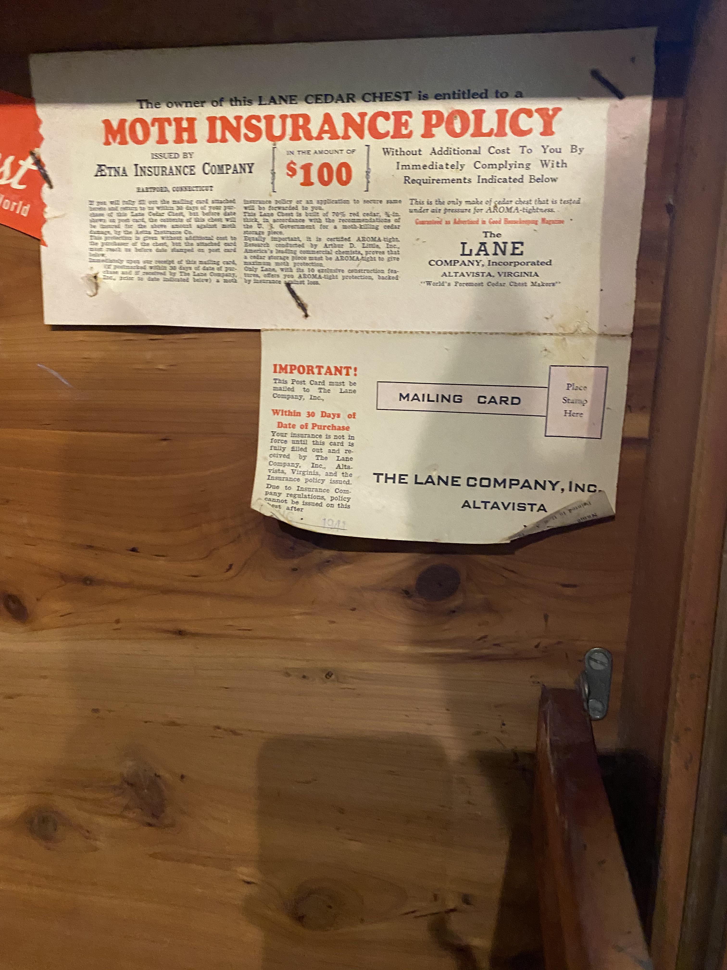 Cedar chest with original moth insurance policy from 1941 still in it. r/mildlyinteresting