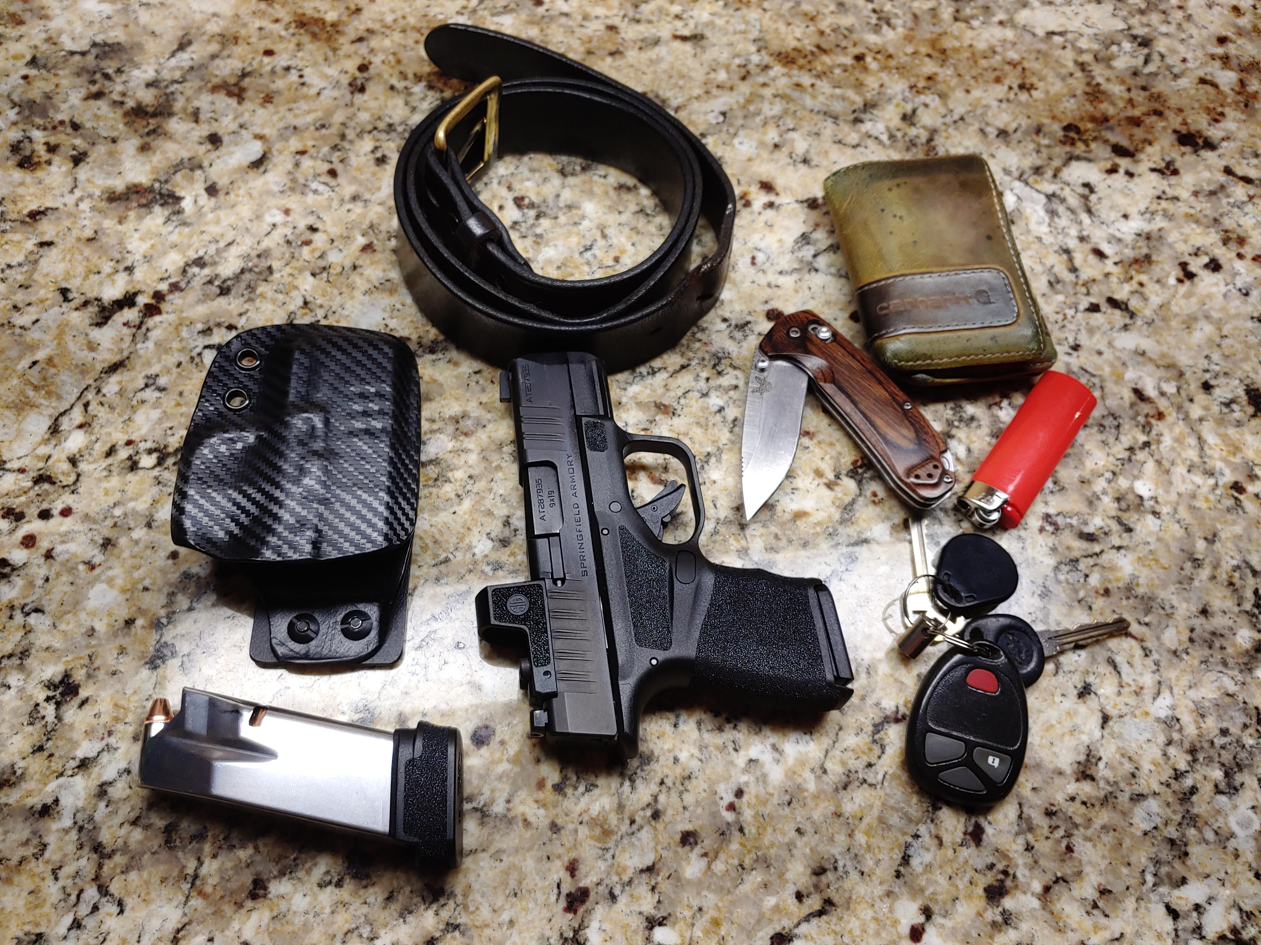 Springfield Hellcat with sig romeo zero red dot, benchmade north fork