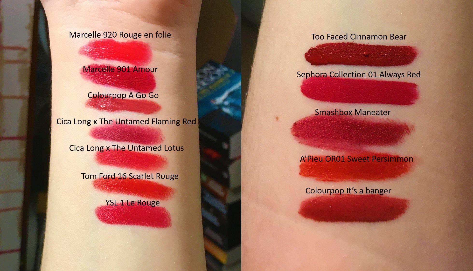 Red lipsticks swatches for comparison (fair skin, cool undertone, white