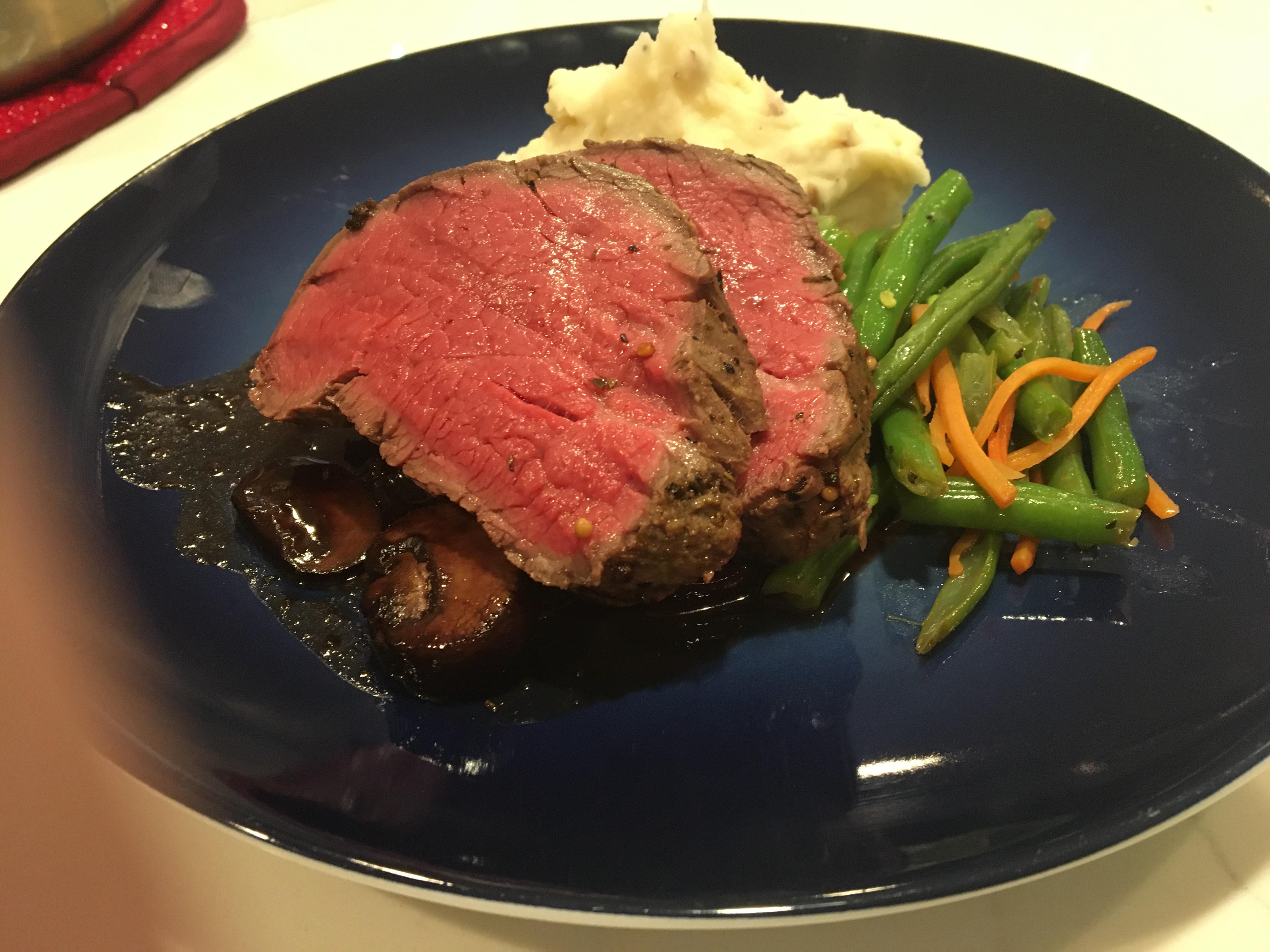 Beef Tenderloin. 133F for 2.5 hours then seared. Roasted garlic whipped
