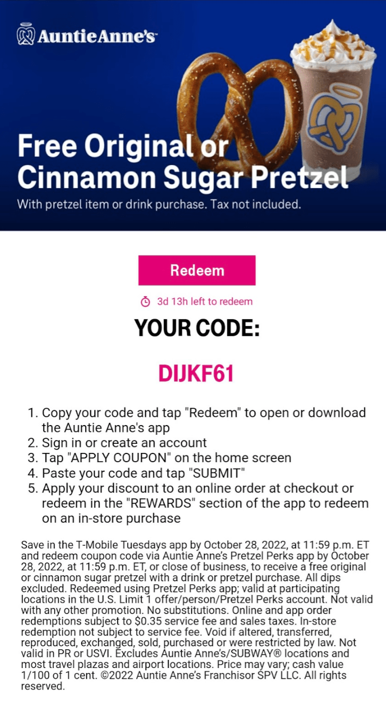 Auntie Anne's coupon : r/SingleUseCodes