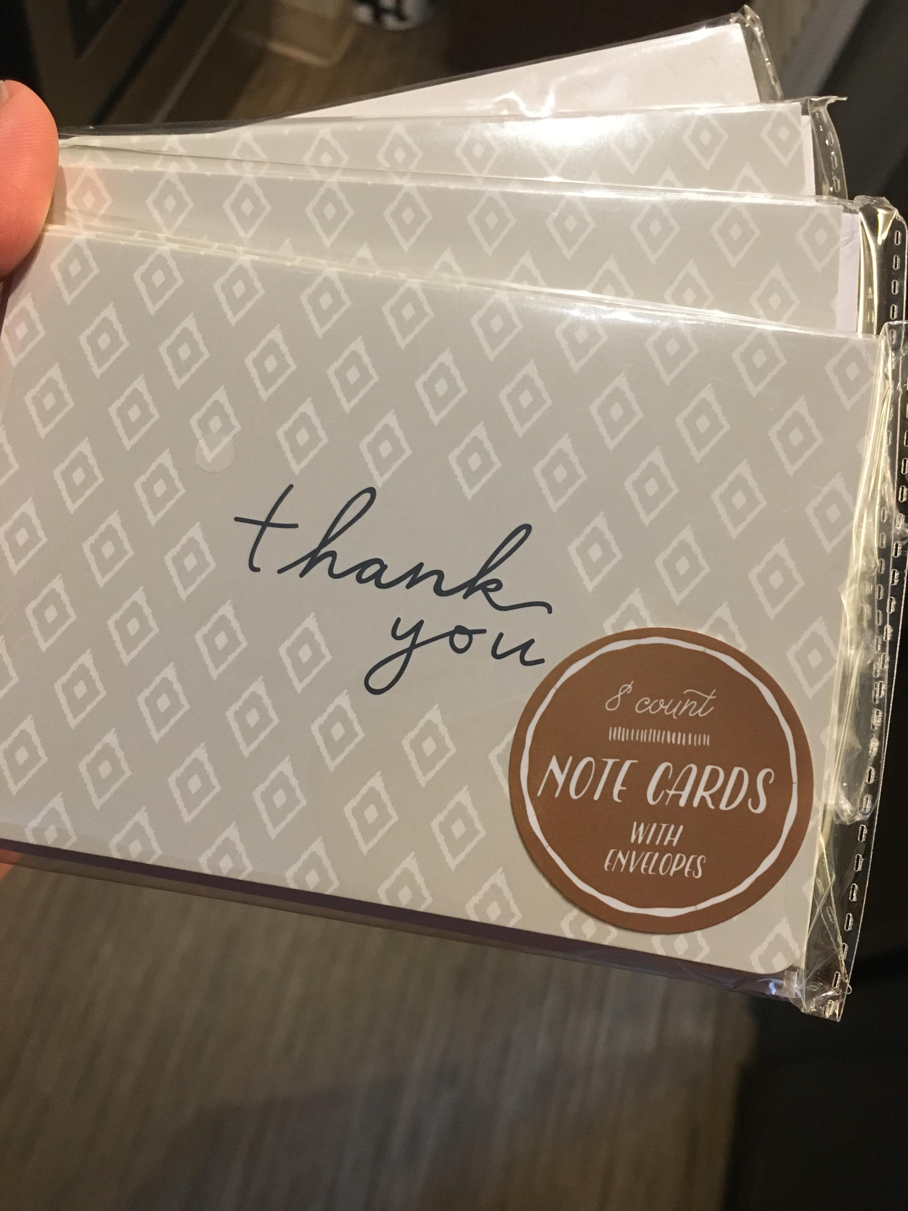 Target has 8packs of thank you cards+ envelopes for 1 per pack (saw 5 choices) r