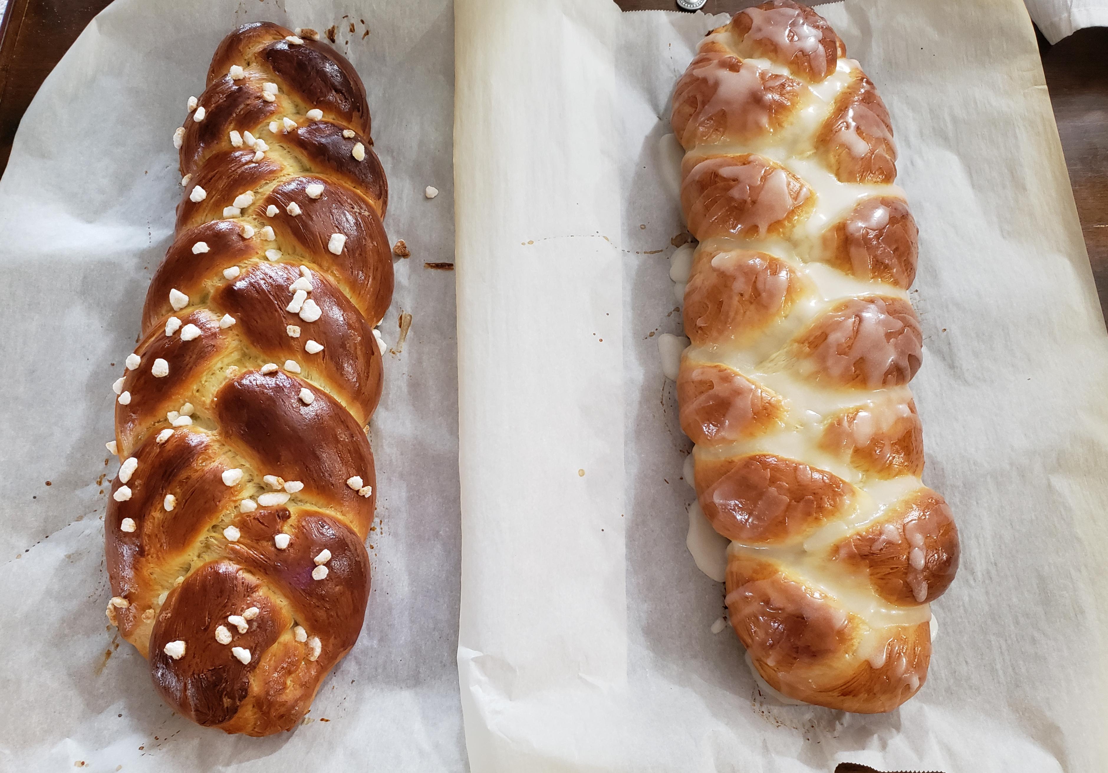 Swedish Cardamom Bread one with pearl sugar and one with almond glaze