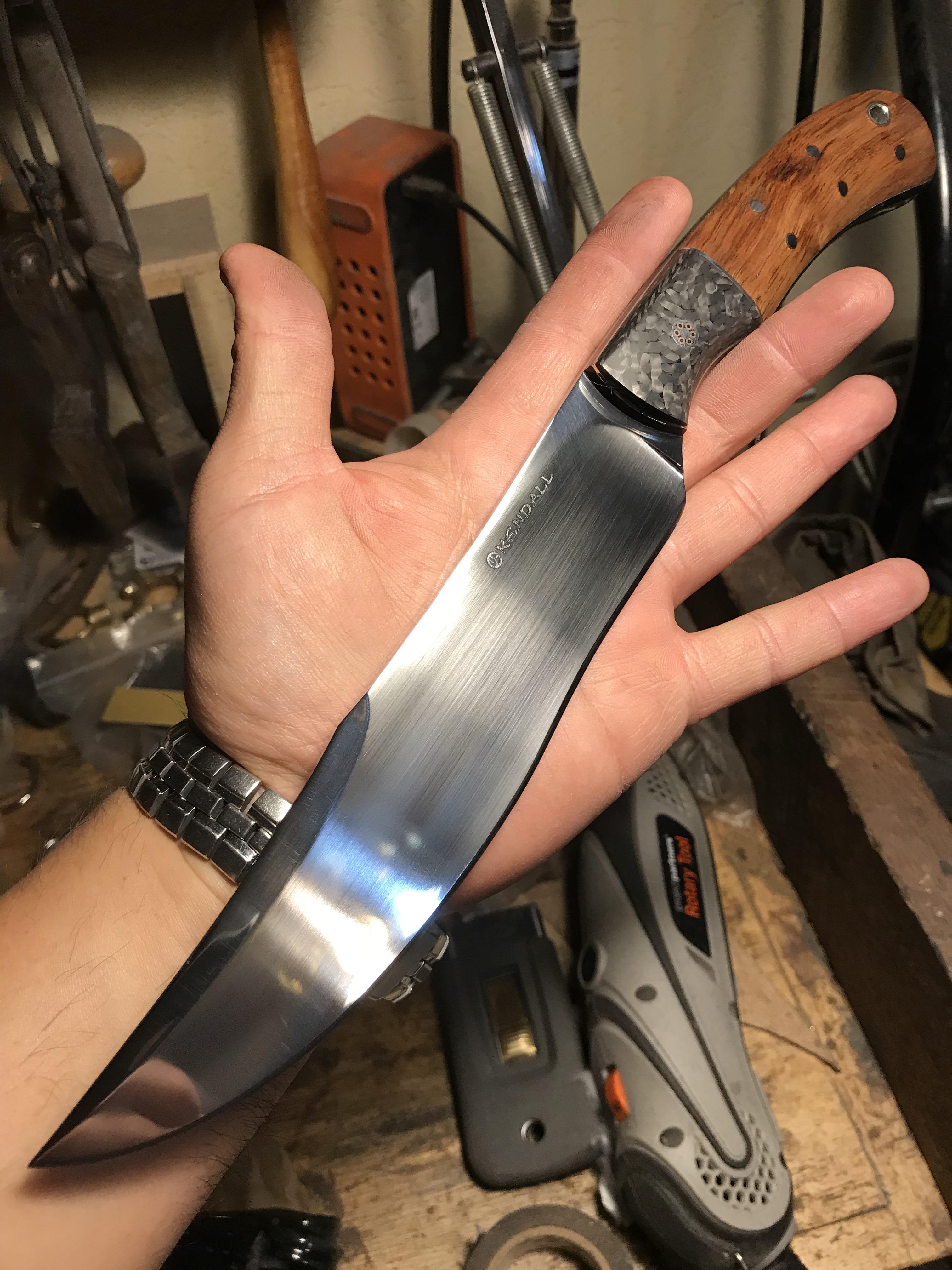 1095 Camp Knife fresh of the workbench. Carbon fiber bolsters, Koa wood