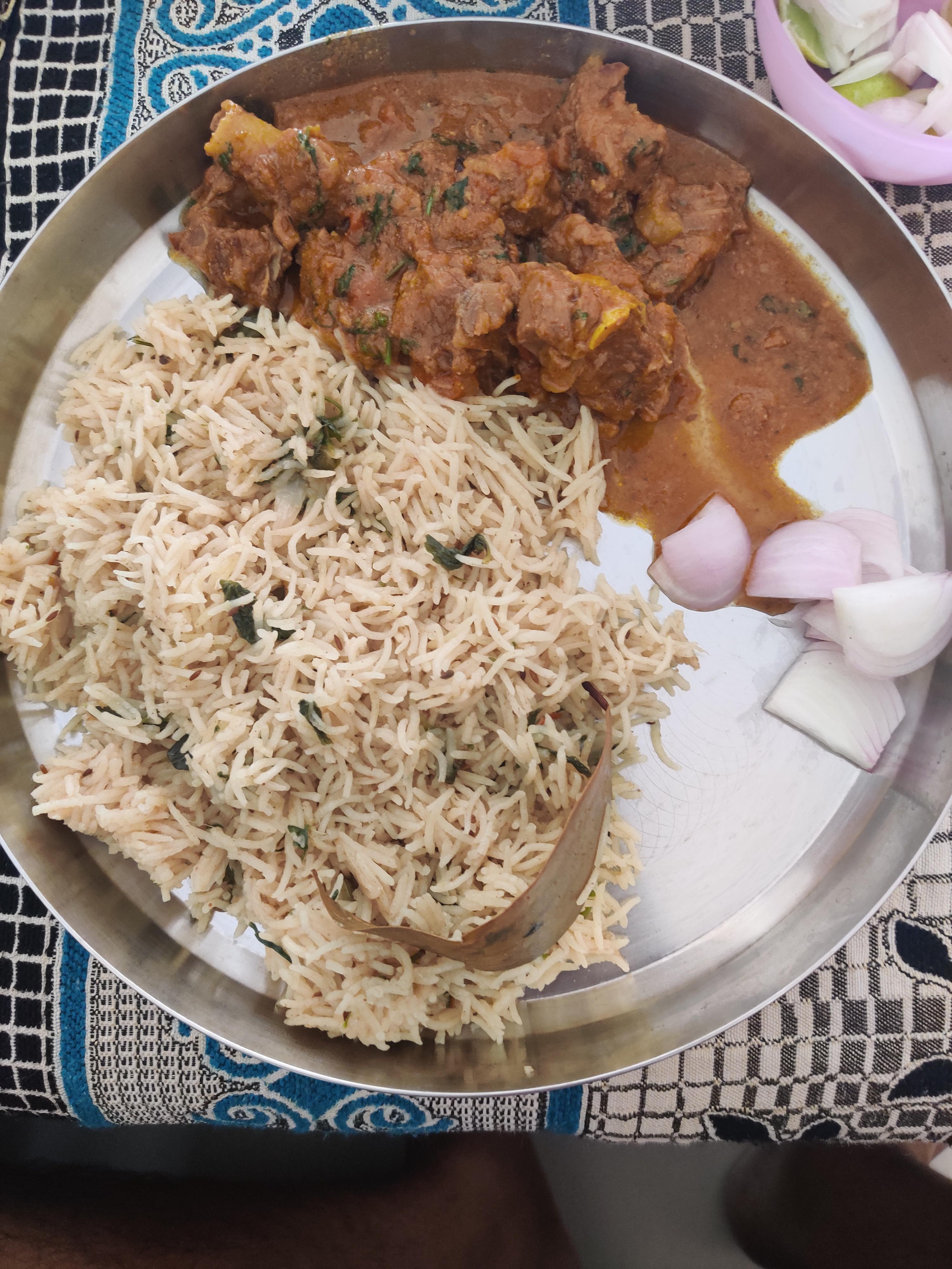 Bagara rice with mutton curry. r/IndianFoodPhotos