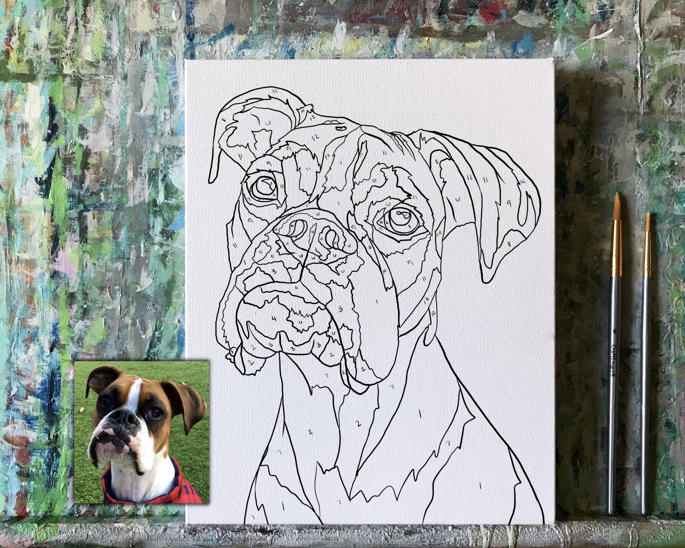 Handdrawn paintbynumber pet portraits on canvas. Custommixed paint