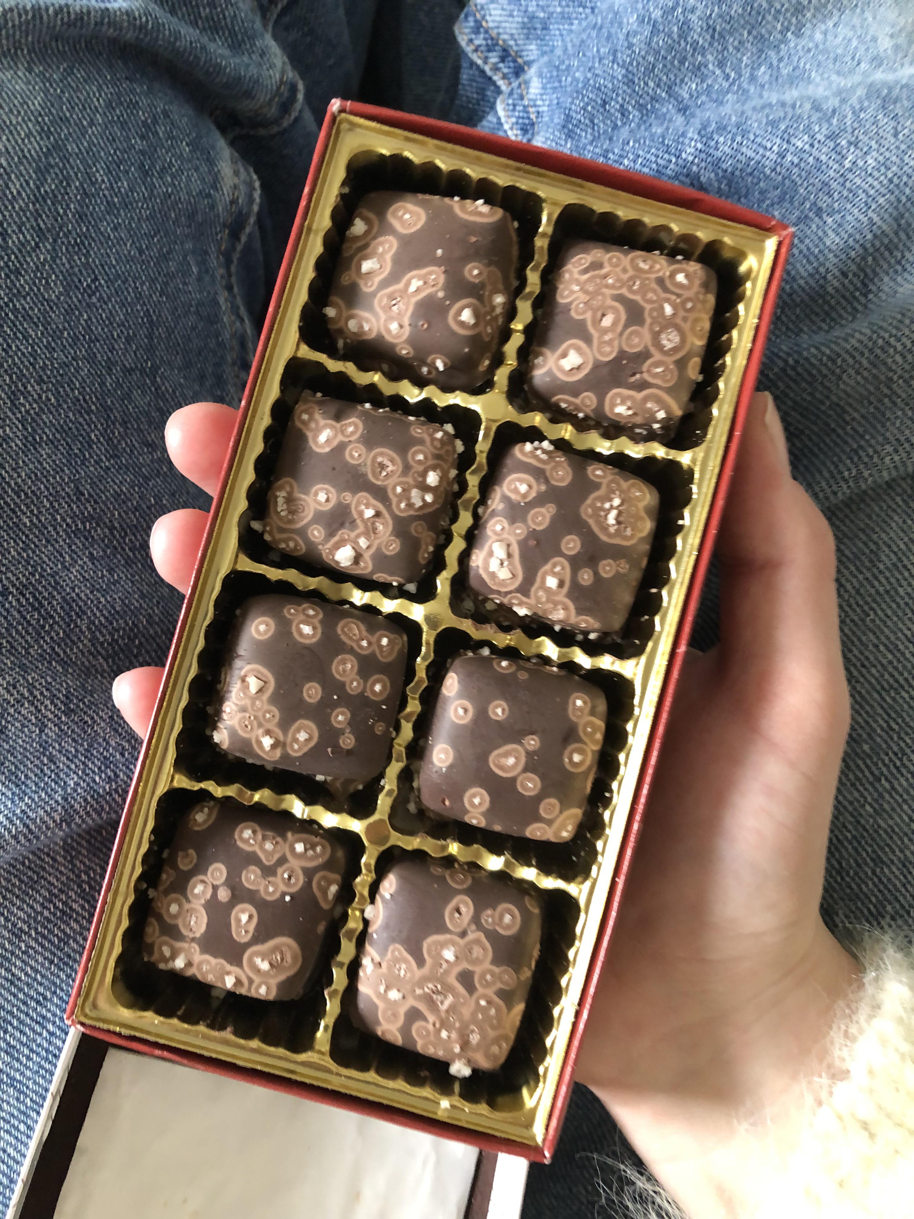 The chocolate on these old caramels bloomed and made this cool pattern