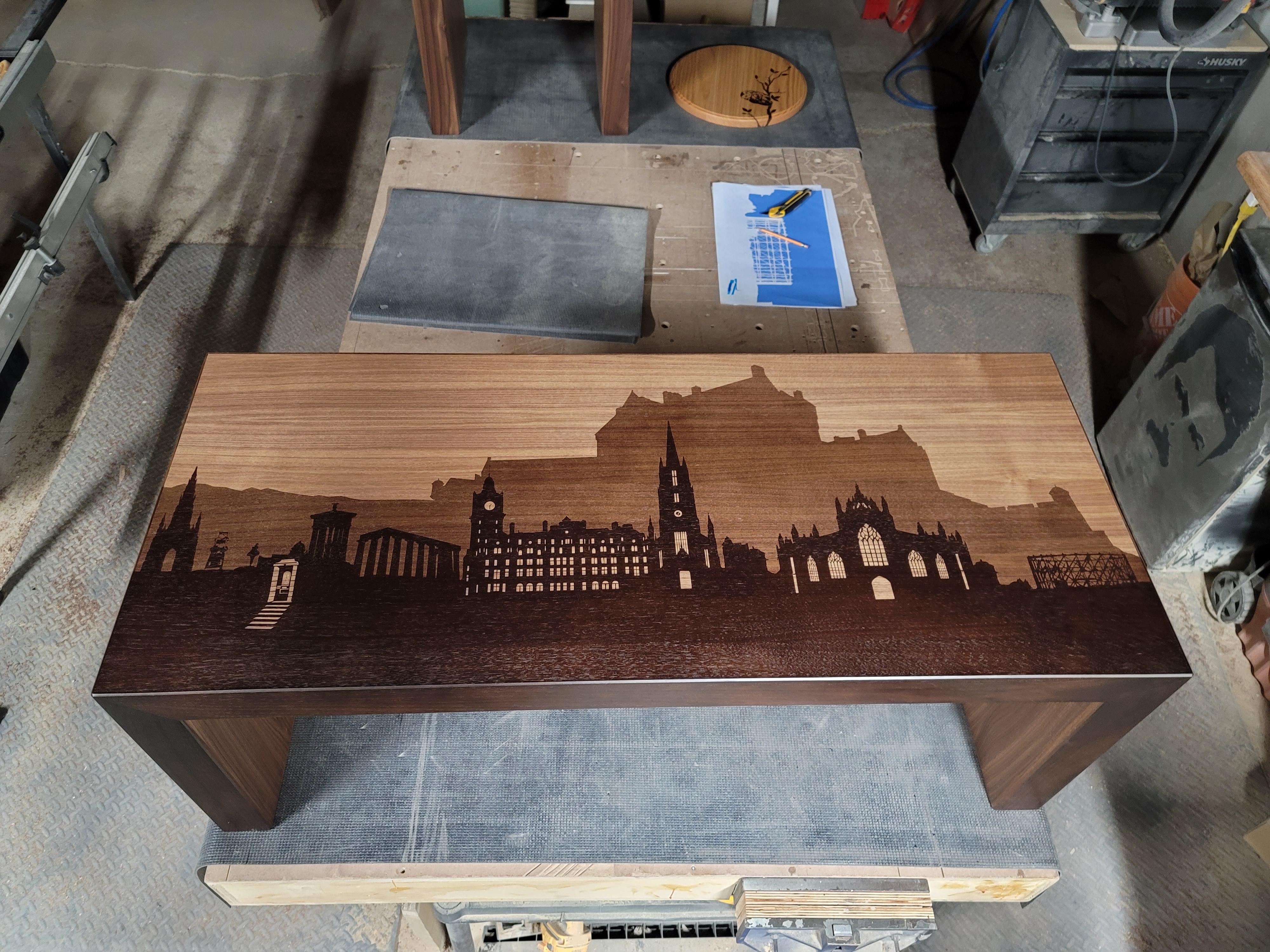 A coffee table I made for a client featuring landmarks from her