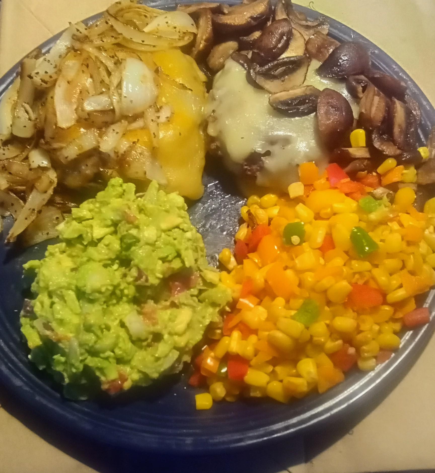 [Homemade] Hamburger patties with smoked Muenster cheese, fiesta corn