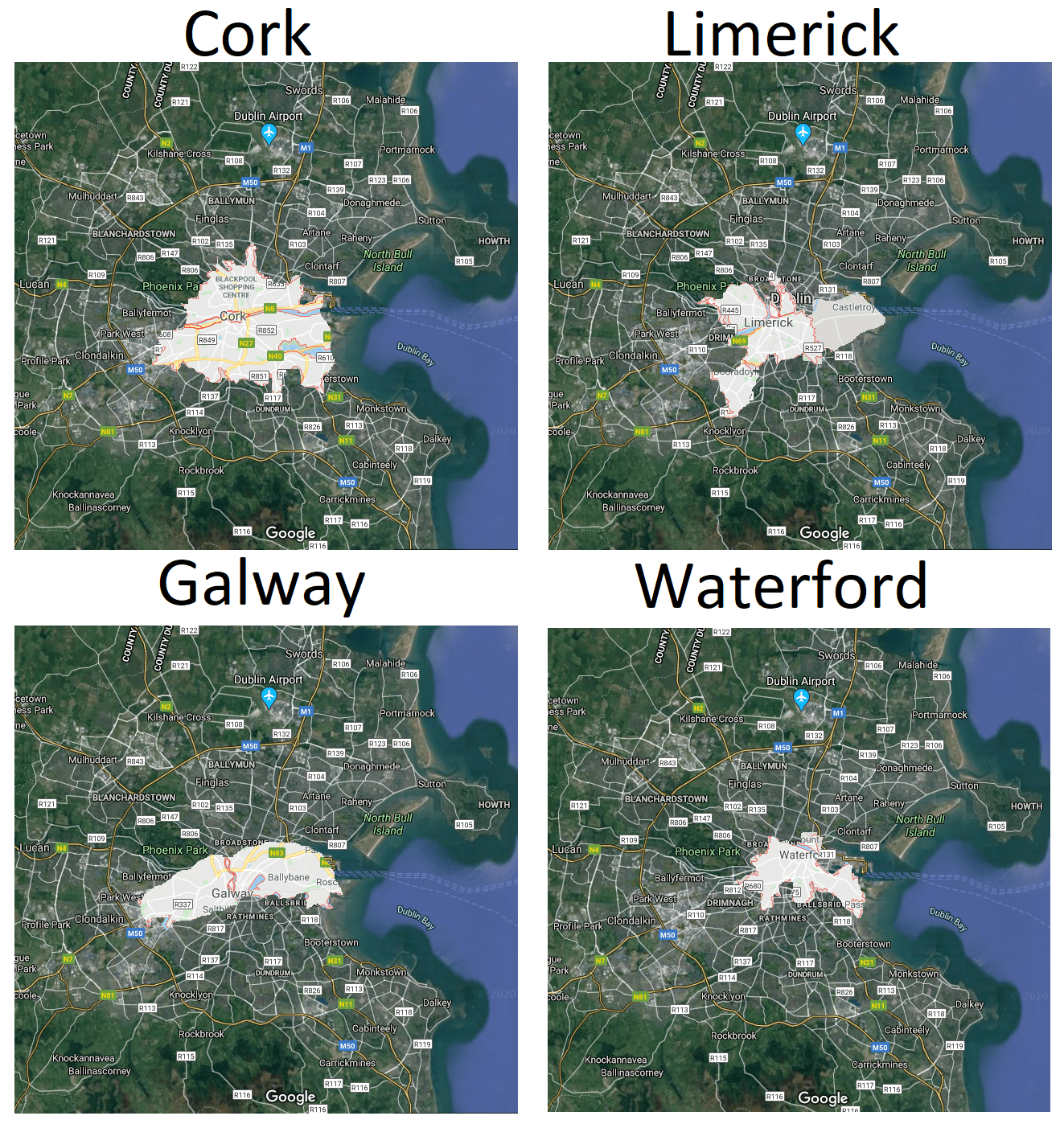 Size of the other cities compared to Dublin r/ireland