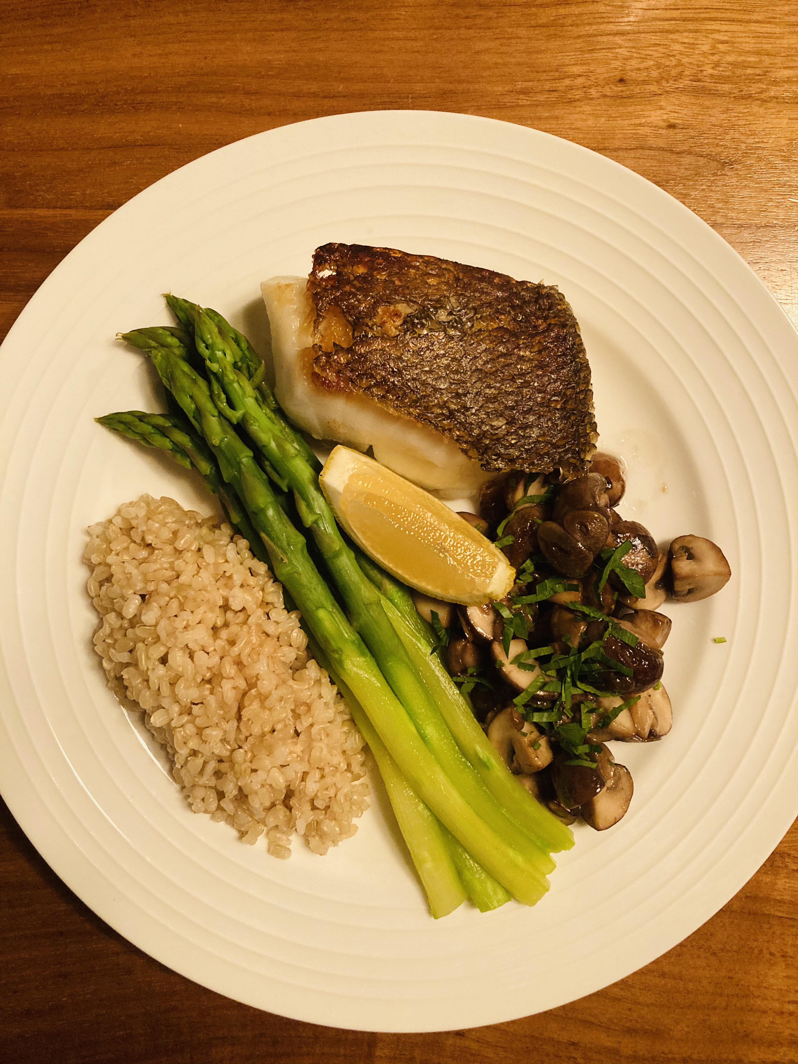 chilean sea bass, crimini, asparagus, brown rice r/Costco