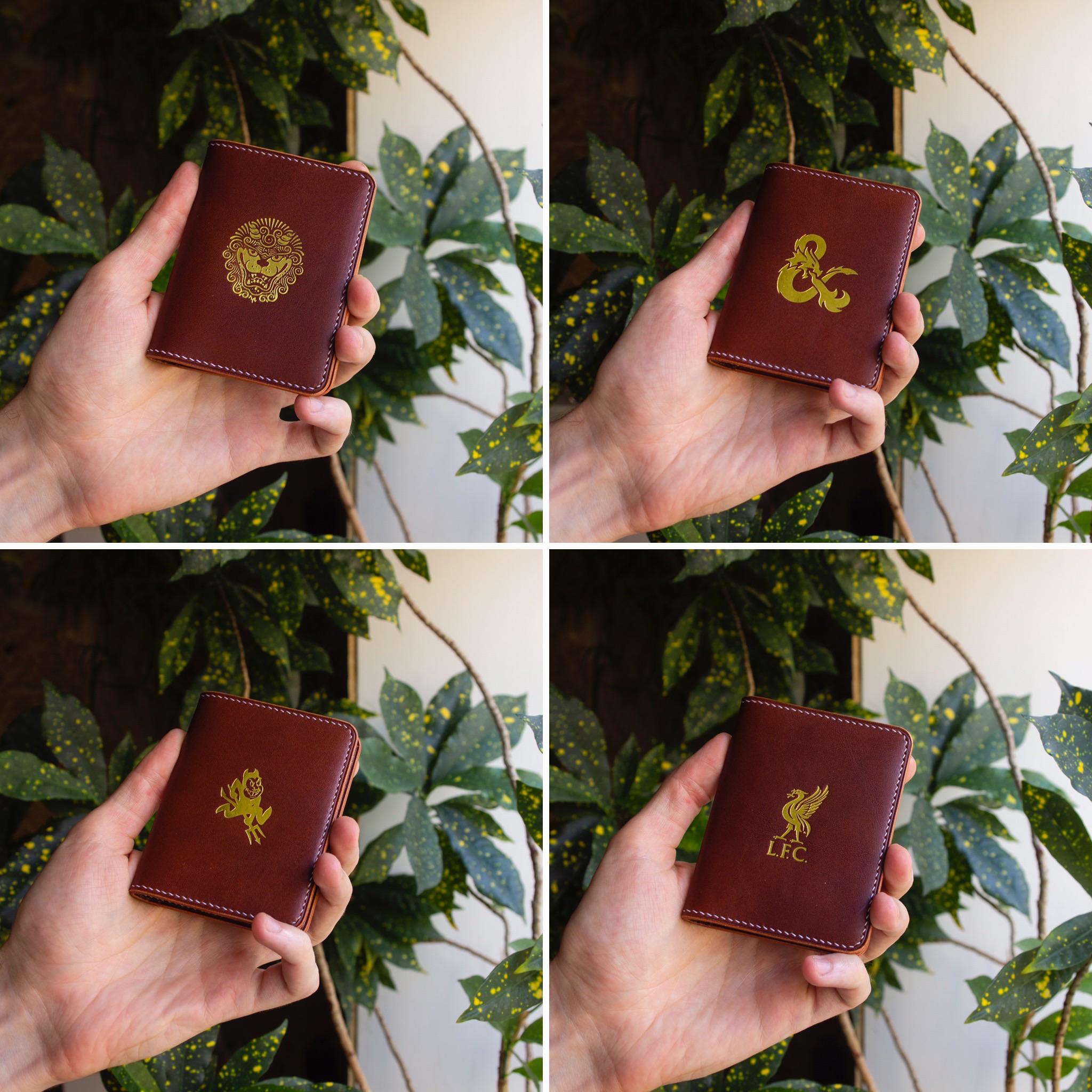 Completed commission of four ID wallets with custom logos. r/Leathercraft