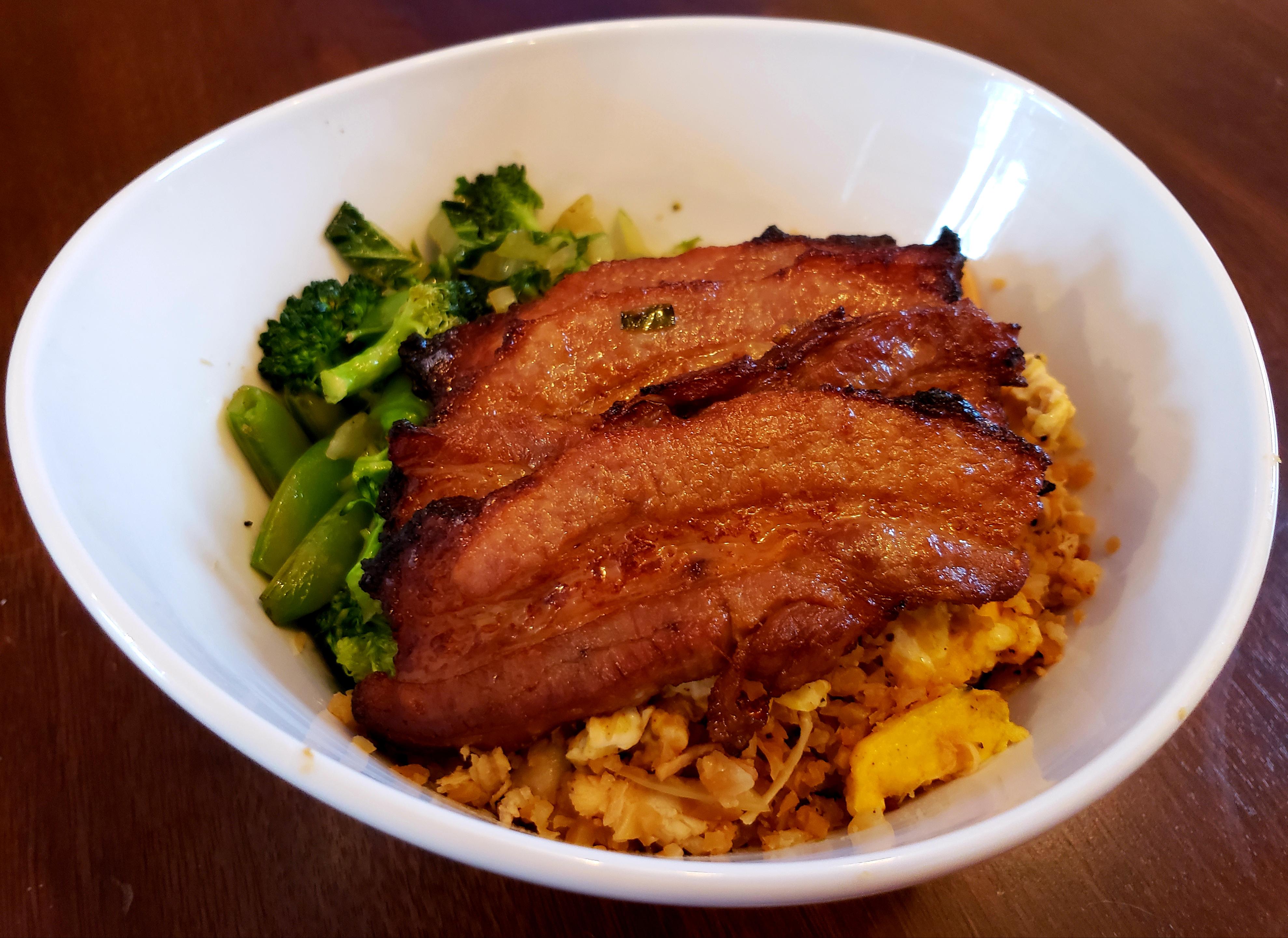 Korean pork belly with cauliflower fried rice and stir fry veggies! r