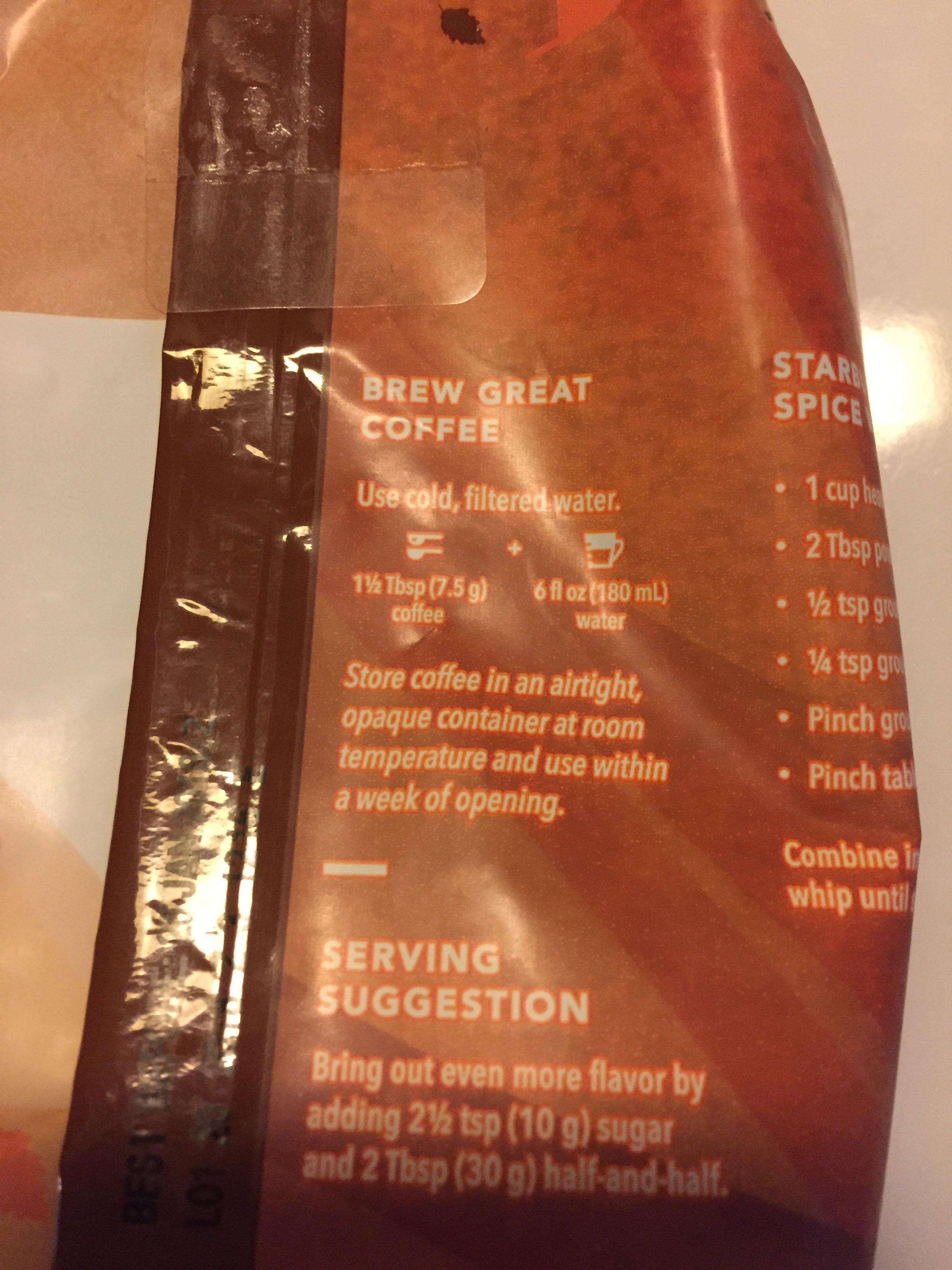My preground Starbucks pumpkin spice coffee says this on the bag