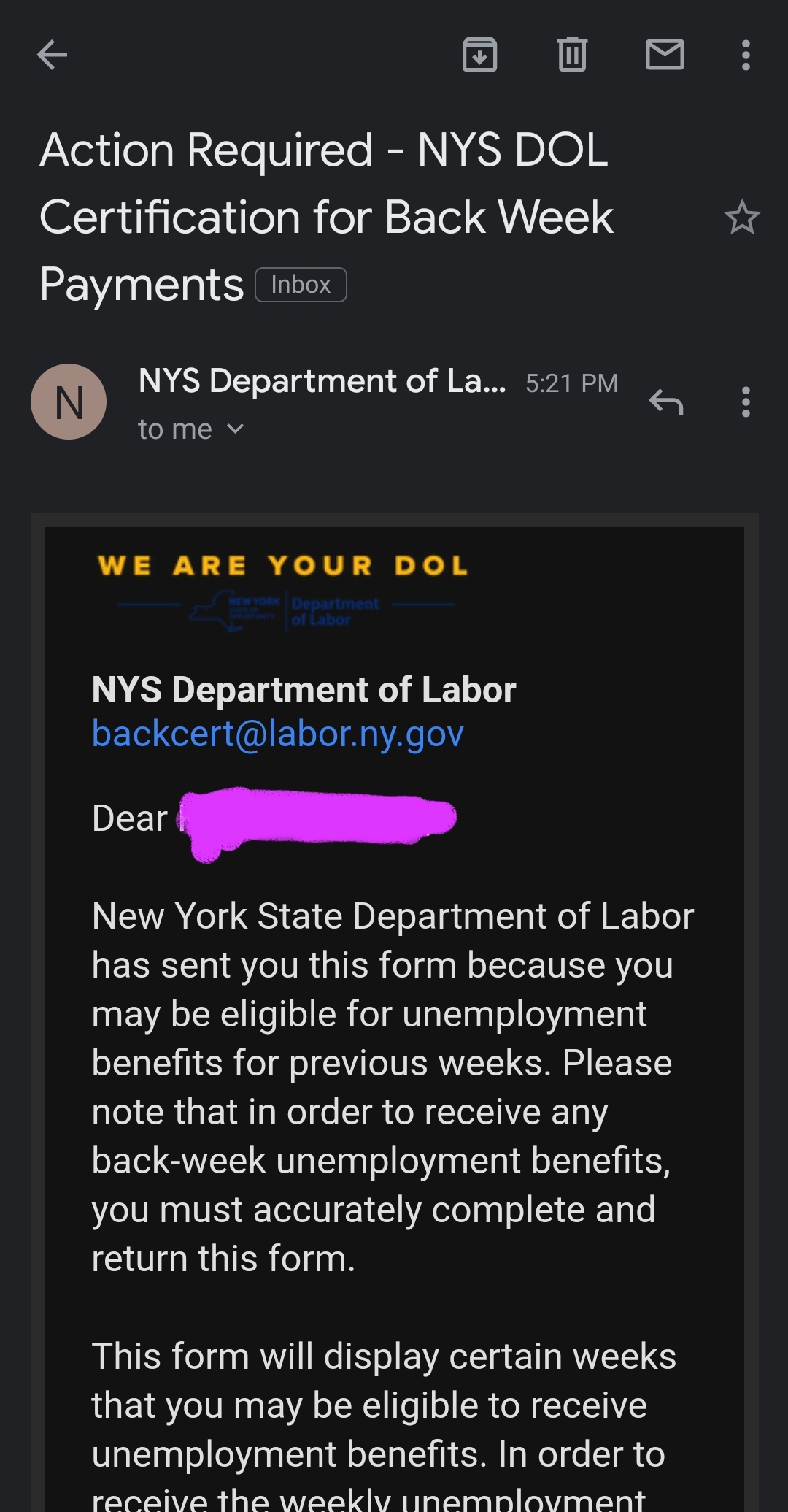 [New York] I received an email from DOL about the backup pay. You have
