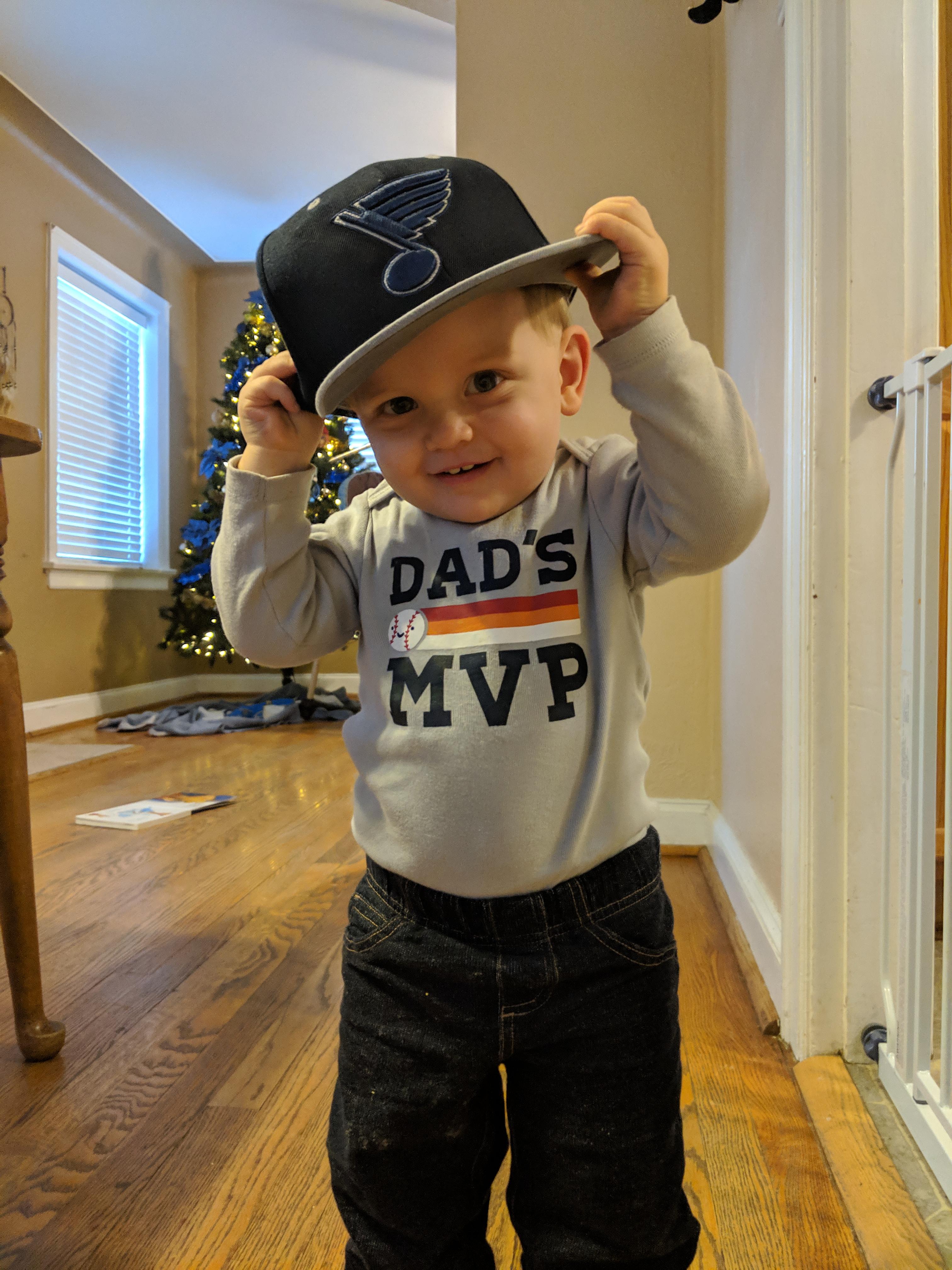 My son wearing dads hat melted my heart. r/stlouisblues