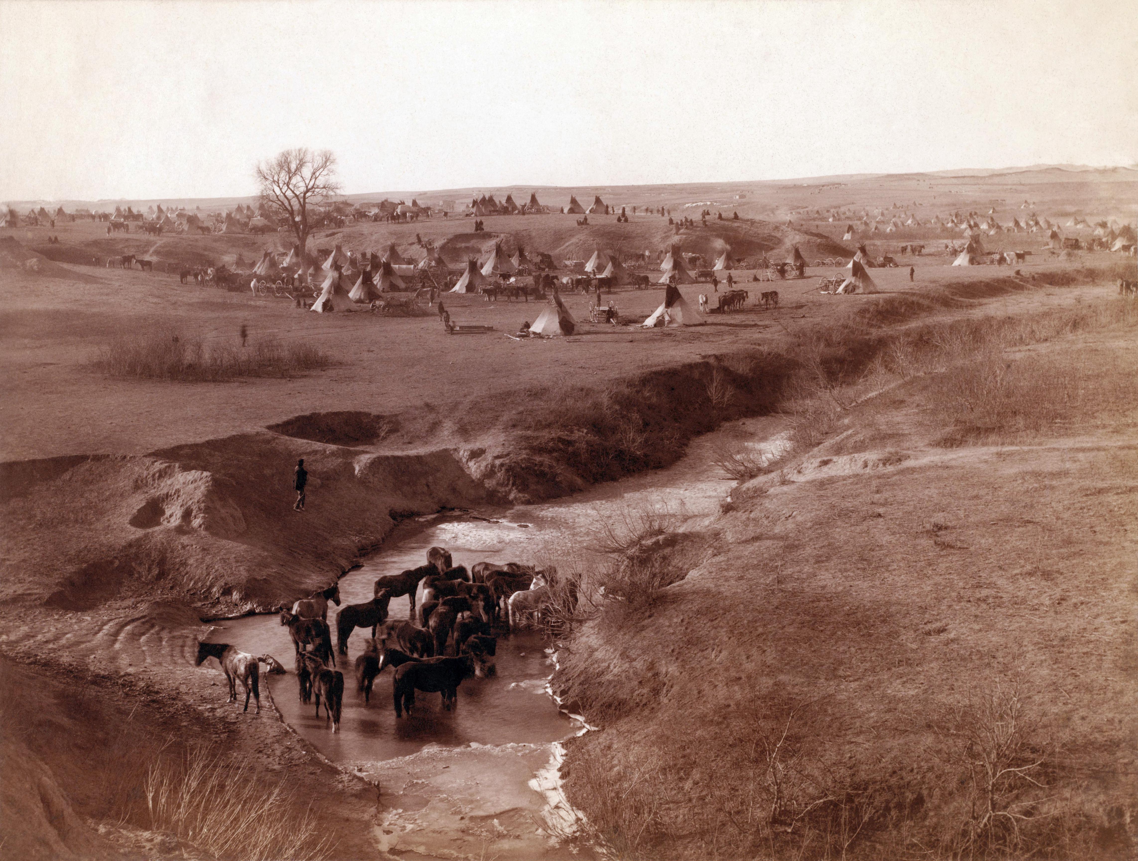 Lakota native American camp on river Brule near Pine ridge, South