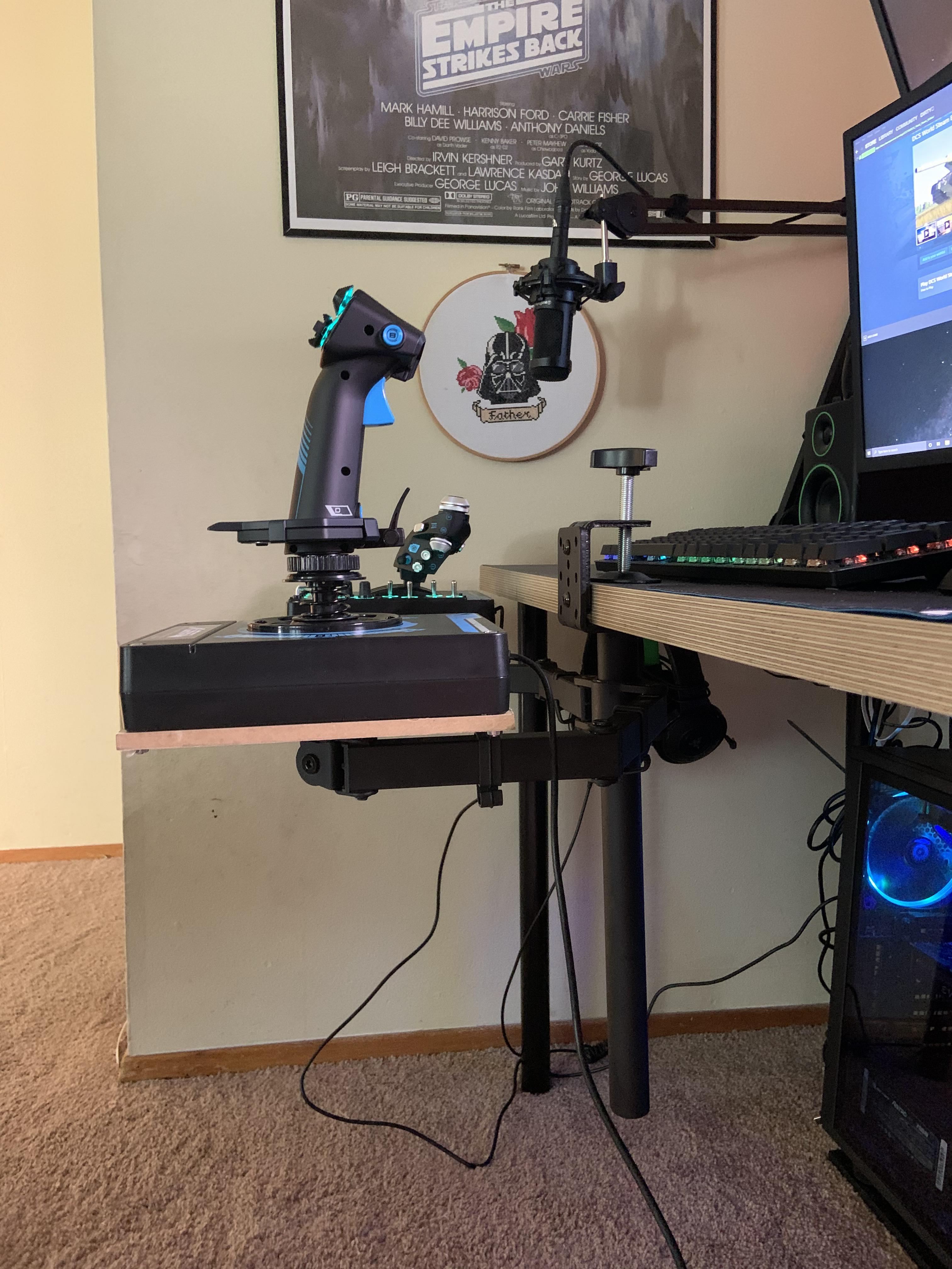 Budget Hotas setup.Used an old dual monitor stand and plywood. r/hotas